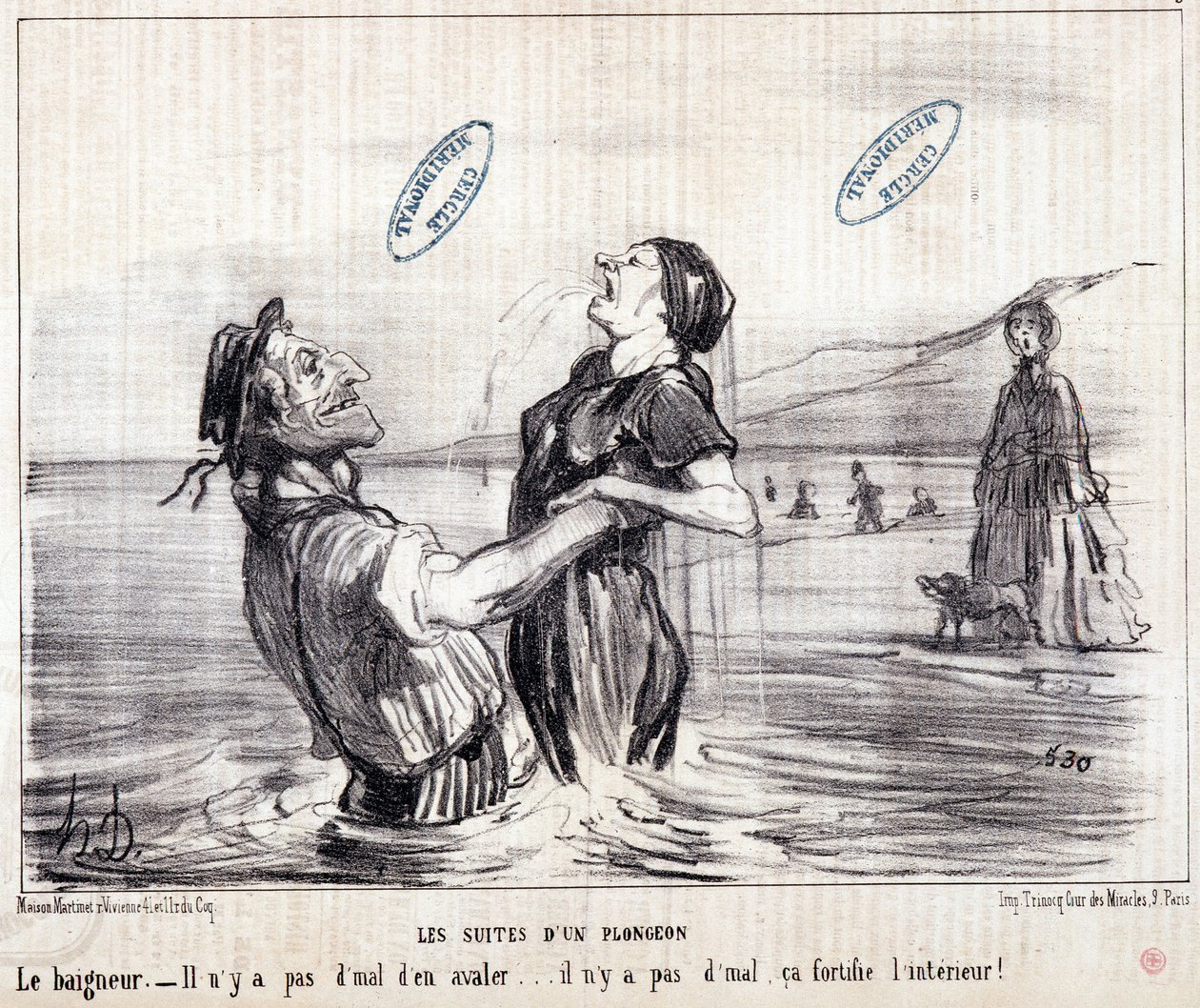 Tecknad film om turister på semester. Serien "" Les Bains de Mer"": "" Vattenskiss. Sekvenserna av ett dyk””. Gravyr av Honore DAUMIER (1808-1879). Utdrag ur tidningen "" Le Charivari"" 1853. Mått: 24x28cm. Inv 2453 - box 12 N¡1. Marseille, M av Honoré Daumier