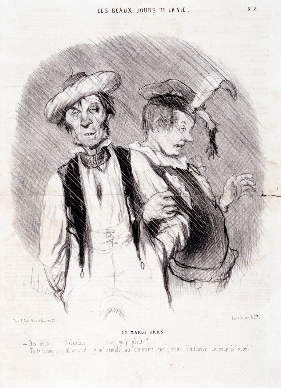 Tecknad film om två alkoholister: Serie "" Les Beaux Days de la Vie"": "" Le Mardi Gras..."". Gravyr av Honore DAUMIER (1808-1879). Utdrag ur tidningen "" Le Charivari"" den 9 augusti av Honoré Daumier