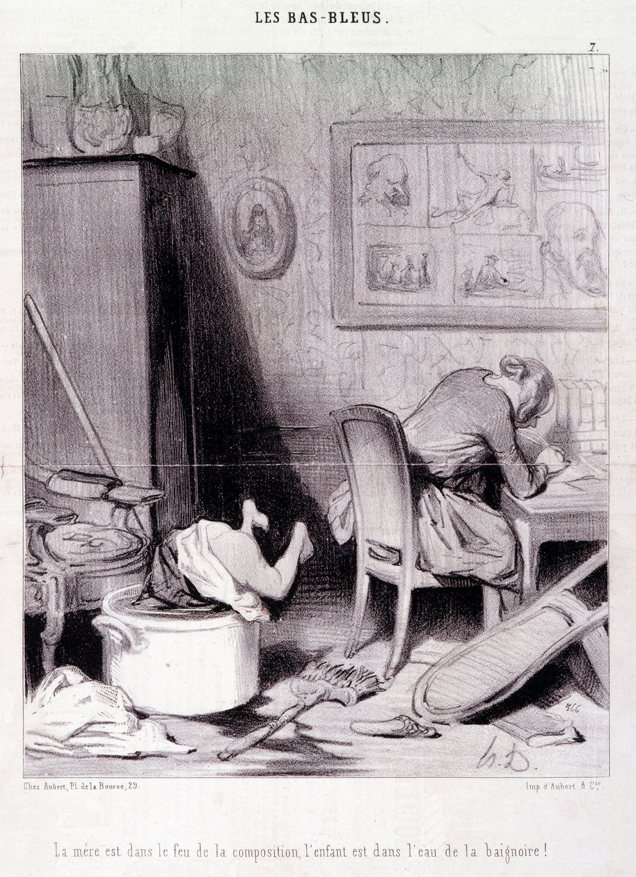 Tecknad film om kvinnliga författare. Serie "" Bas Bleus"": "" Mamman är i kompositionens eld, barnet är i badets vatten! "" Gravyr av Honore DAUMIER (1808-1879). Utdrag ur tidningen "" Le Charivari"" den 20 februari av Honoré Daumier