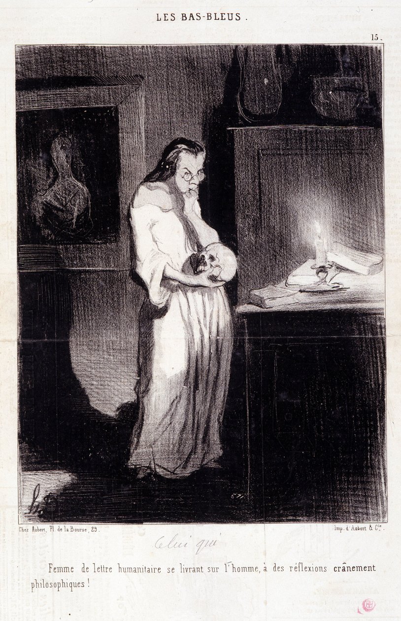 Tecknad film om kvinnliga författare. Serie "" Les Bas Bleus"": "" Kvinna med humanitärt brev som hänger sig åt mannen med skrämmande filosofiska reflektioner! "" Gravyr av Honore DAUMIER (1808-1879). Utdrag ur tidningen "" Le Charivari"" den 10 mars av Honoré Daumier