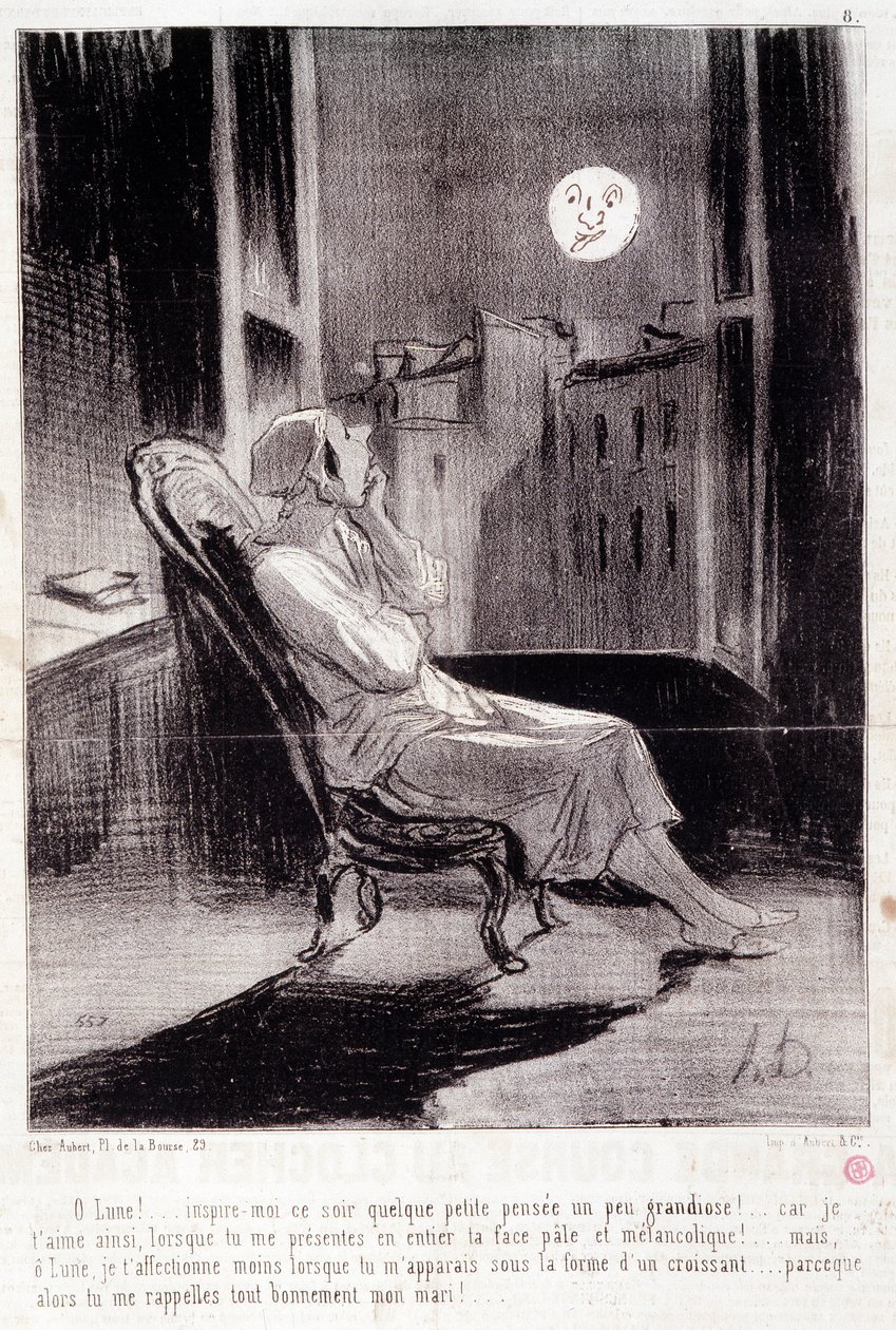 Tecknad film om kvinnliga författare. Serien "" Bas Bleus"": "" O! Månen inspirerar mig ikväll...”” Gravyr av Honore DAUMIER (1808-1879). Utdrag ur tidningen "" Le Charivari"" 28 februari av Honoré Daumier