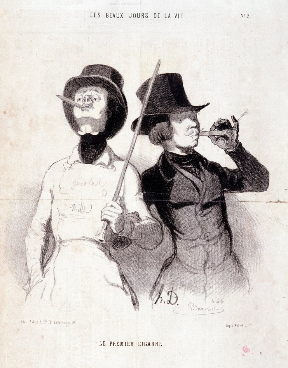 Tecknad film om unga Dandys. Serien "" The Beautiful Days of Life"": "" Den första cigarren"". Gravyr av Honore DAUMIER (1808-1879). Utdrag ur tidningen "" Le Charivari"" den 31 december 1843 Dim 37x25cm Inv 1089 - kartong 8 N¡2. Marseille, Musée des Beaux av Honoré Daumier