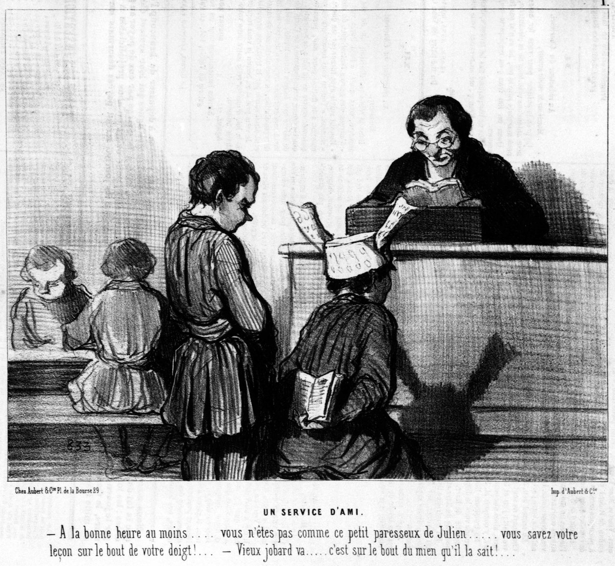 Tecknad film av Daumier om majs och skolbarn. “” En väntjänst””: - Åtminstone vid rätt tidpunkt... du är inte som den här lata lilla Julien... du kan din läxa på fingertoppen! - Gamla jobard går... det är på spetsen av mig han vet av Honoré Daumier