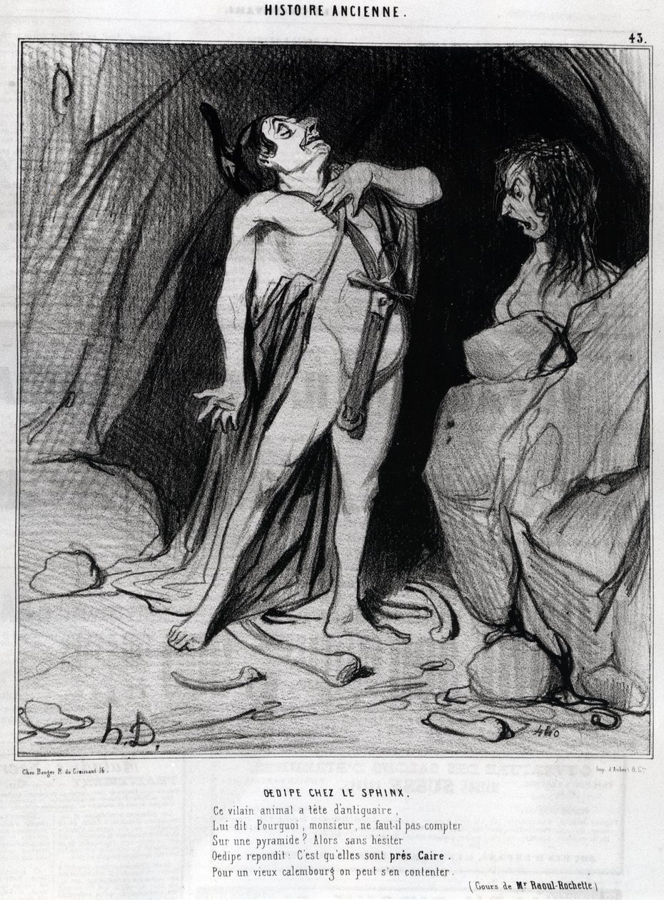 Tecknad av Honore Daumier om Oedipus och sfinxen, -i "" Charivari", 12 december av Honoré Daumier