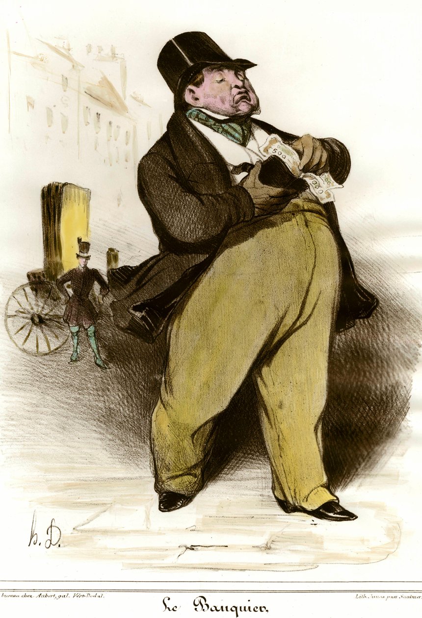 Tecknad bankirteckning av Honore Daumier (1808-1879) från "The Charivari"" 1835. Privat samling av Honoré Daumier