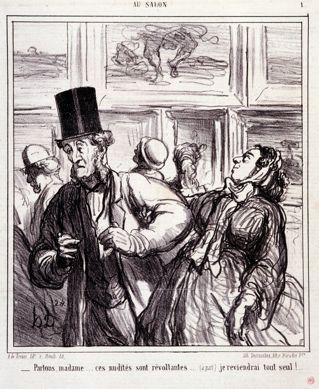 Tecknad film om konstälskare: Serie "" Au salon"": Låt oss lämna frun... dessa nakenbilder är revoltanter... Jag kommer tillbaka helt ensam"" Gravyr av Honore DAUMIER (1808-1879). Utdrag ur tidningen "" Le Charivari"" den 5 maj av Honoré Daumier