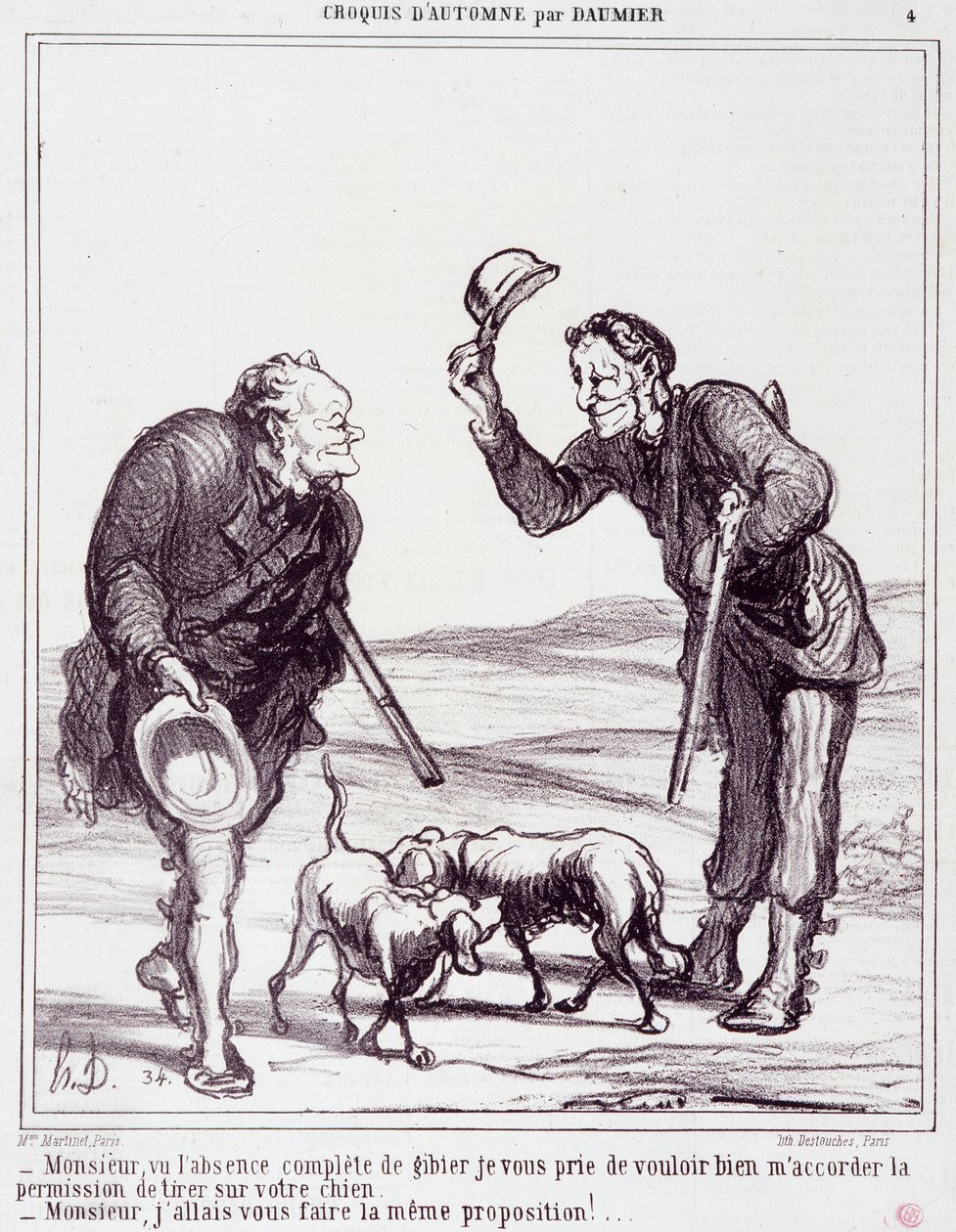 Tecknad film om jägarna: Serie "" Autumn Sketch"": "" Sir, med tanke på den totala frånvaron av vilt, vänligen ge mig tillåtelse att skjuta din hund..."" Gravyr av Honore DAUMIER (1808-1879). Utdrag ur tidningen "" Le Charivari"" den 28 september av Honoré Daumier
