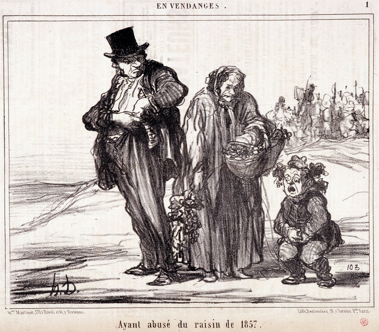 Tecknad film om vinodling. Serie "" Autumn Sketch"": "" In Harvest. Att ha missbruk av druvorna från 1857”” Gravyr av Honore DAUMIER (1808-1879). Utdrag ur tidningen "" Le Charivari"" 16 oktober av Honoré Daumier