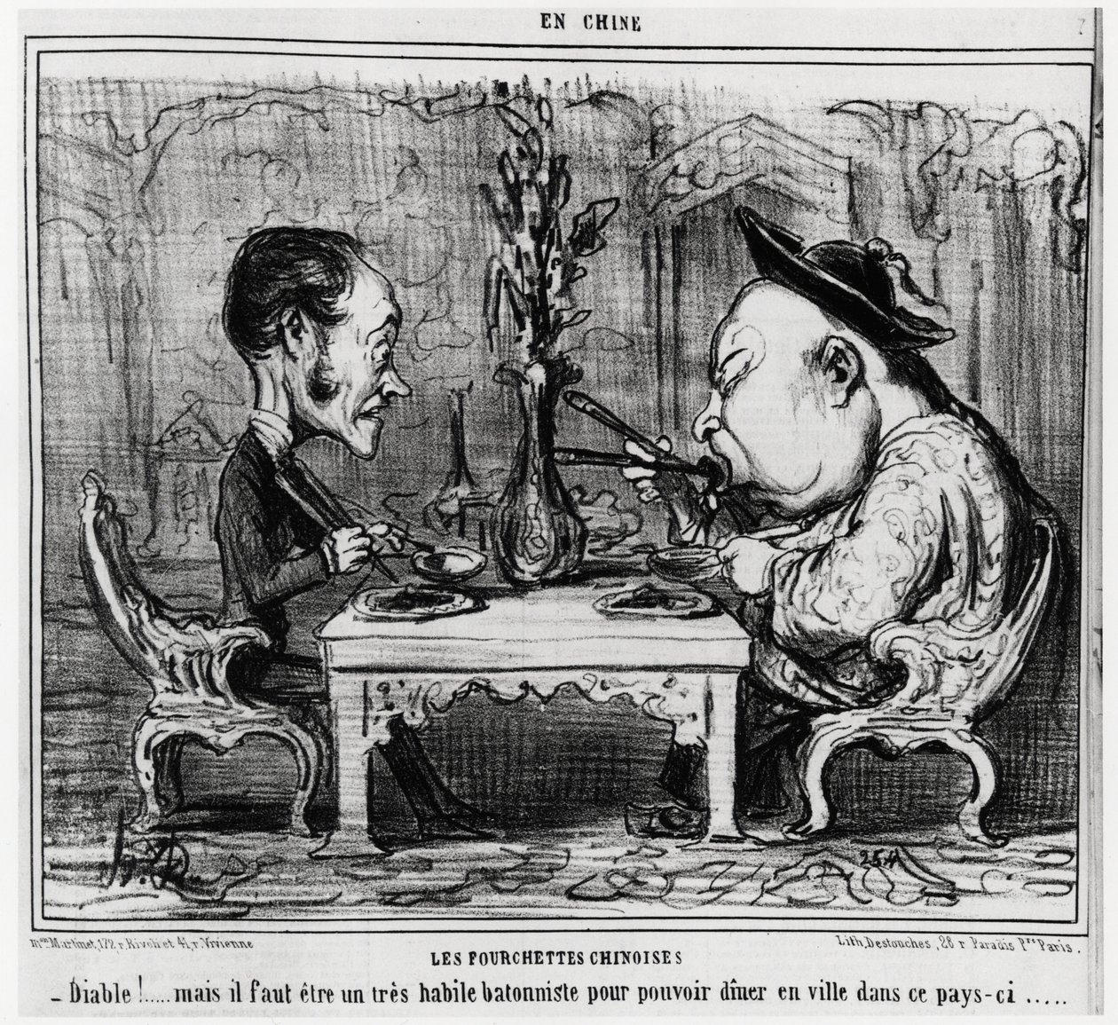 Kinesiska gafflar: "" Djävulen! men man måste vara en mycket skicklig batonist för att kunna äta middag på stan i det här landet. "", i serien En Chine, illustration av Honore Daumier (1808-1879), publicerad i "" Charivari"" av Honoré Daumier