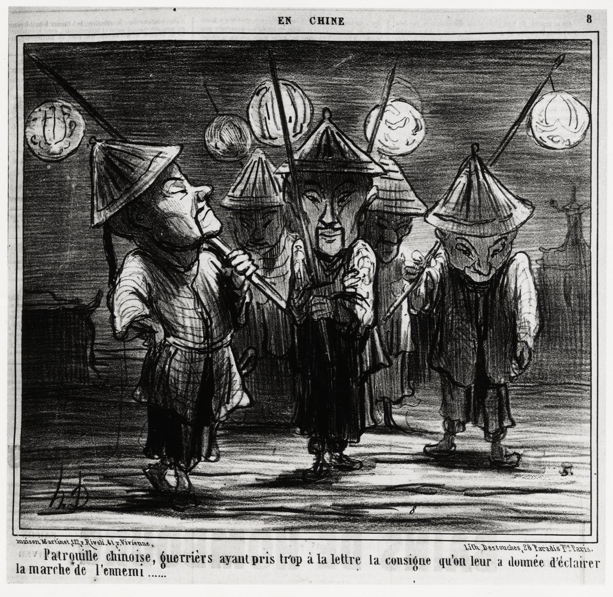 Kinesisk patrull, krigare som alltför noggrant följt de instruktioner de fått om att belysa fiendens marsch. In serie En Chine, illustration av Honore Daumier (1808-1879), publicerad i "Charivari" den 25 januari. av Honoré Daumier