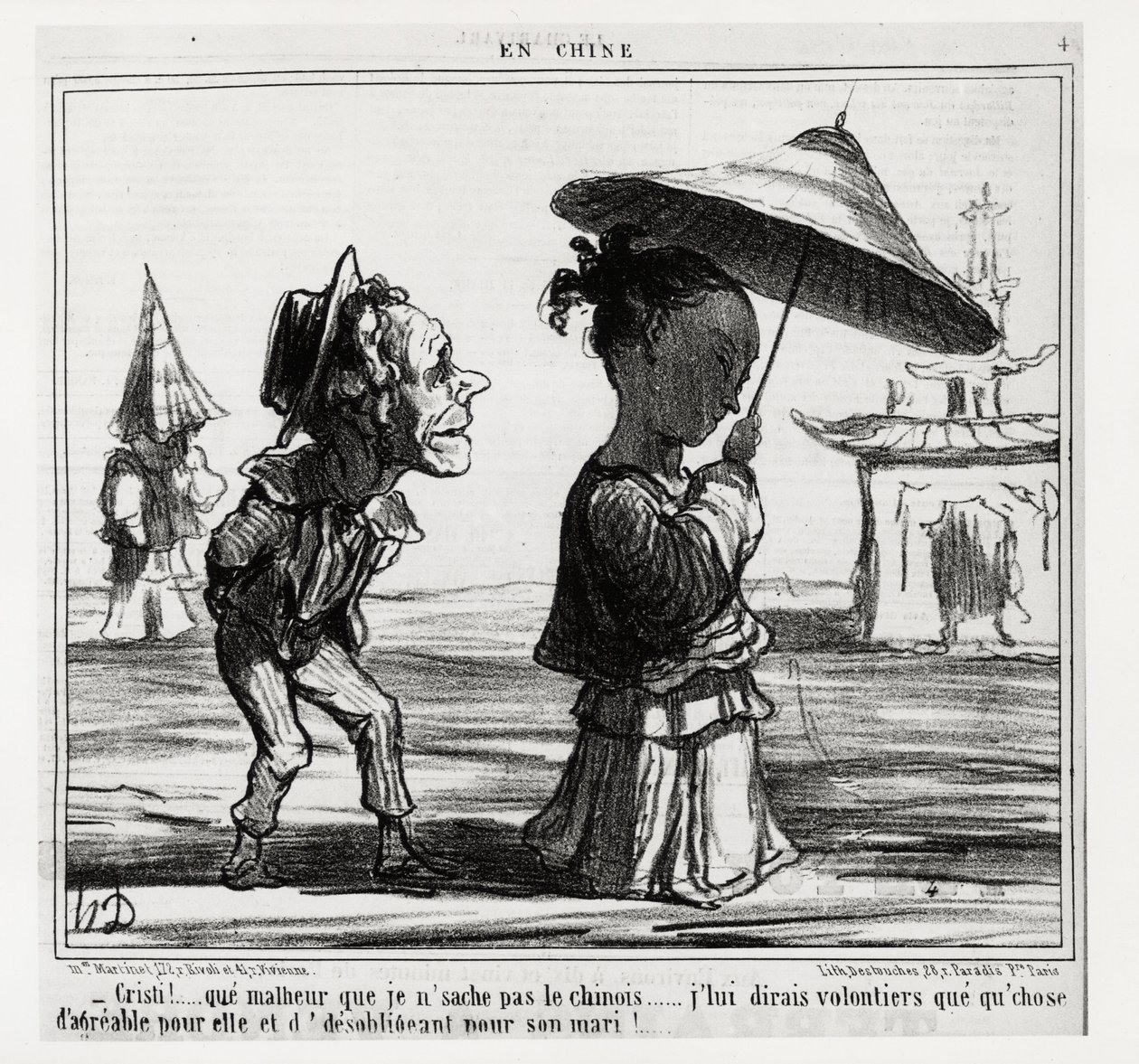 Christi! Jag vet inte hur man talar kinesiska... Jag ska gärna berätta för henne att det är något som är trevligt för henne och oskyldigt för hennes man!.... In serie En Chine, illustration av Honore Daumier (1808-1879), publicerad i "Charivari", daterad d av Honoré Daumier