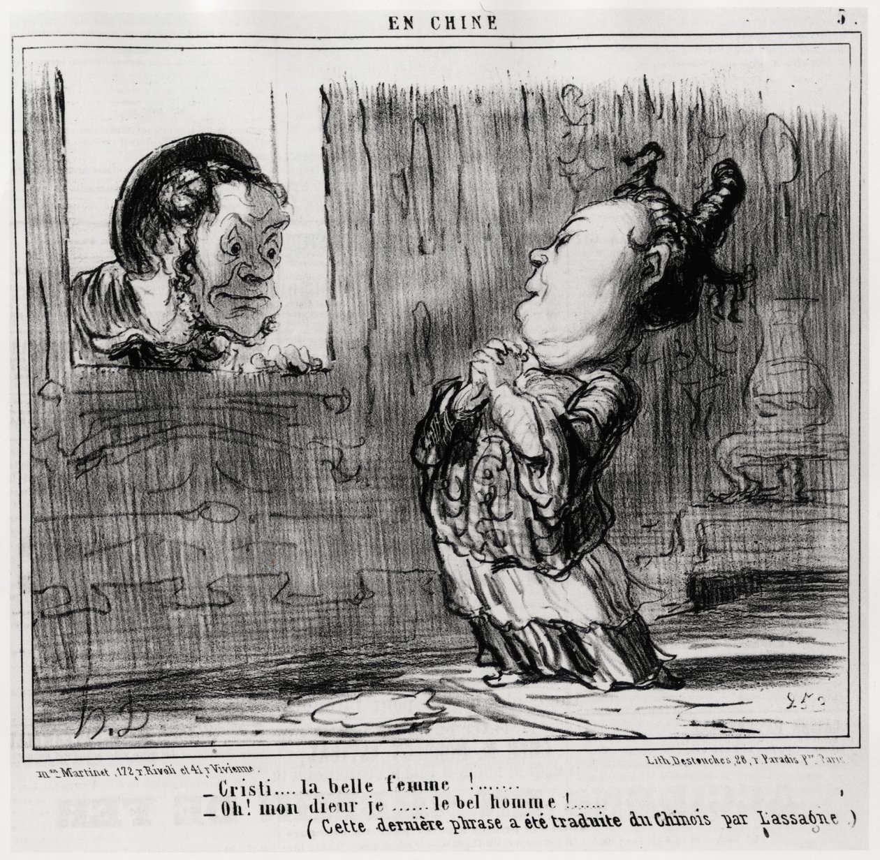 Christi, den vackra kvinnan! ; "" Åh! Gud, jag... Den stilige mannen!” (Denna sista meningen har översatts från kinesiska av Lassagne.), i serien En Chine, illustration av Honore Daumier (1808-1879), publicerad i "Charivari" av Honoré Daumier