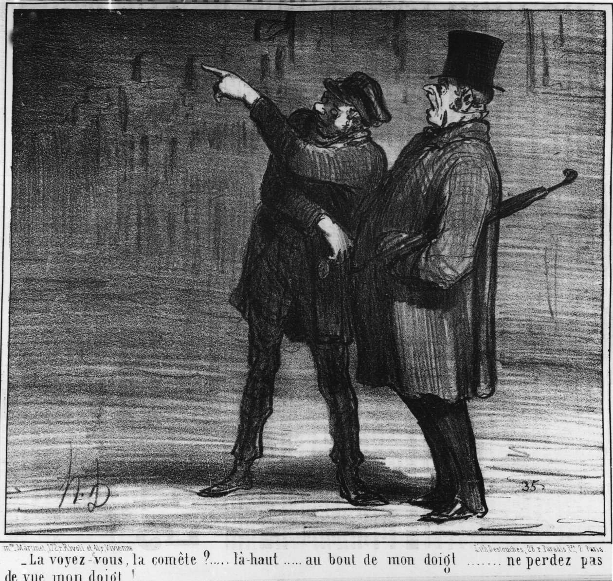 Ser du kometen? upp... vid slutet av mitt finger... tappa inte mitt finger ur sikte!... , tecknad av Honore Daumier (1808-1879). “Charivari” av Honoré Daumier