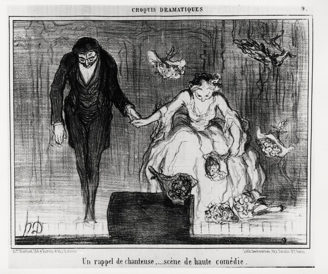 Dramatiska sketcher: en sångarepåminnelse, högkomediscen. Illustration av Honore Daumier (1808-1879), publicerad i "" Charivari", daterad 9 januari av Honoré Daumier