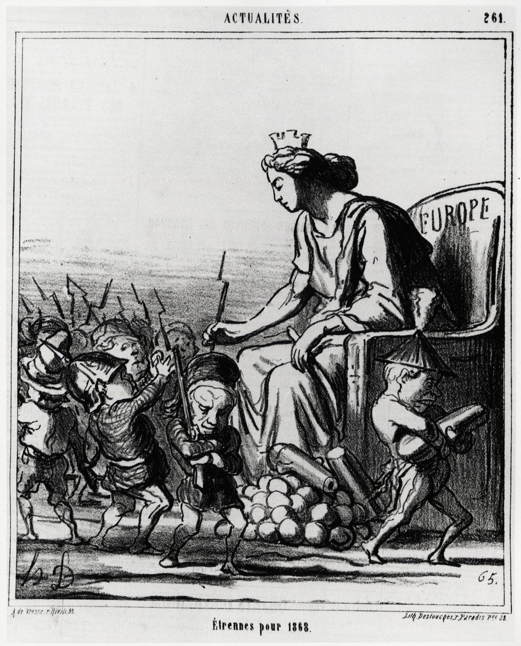 Europa: utländsk för 1868. Europa delar ut vapen och kanoner till varje representant för länderna, som känns igen på sin hatt. Illustration av Honore Daumier (1808-1879), publicerad i tidningen Charivari den 23 december 1867. av Honoré Daumier