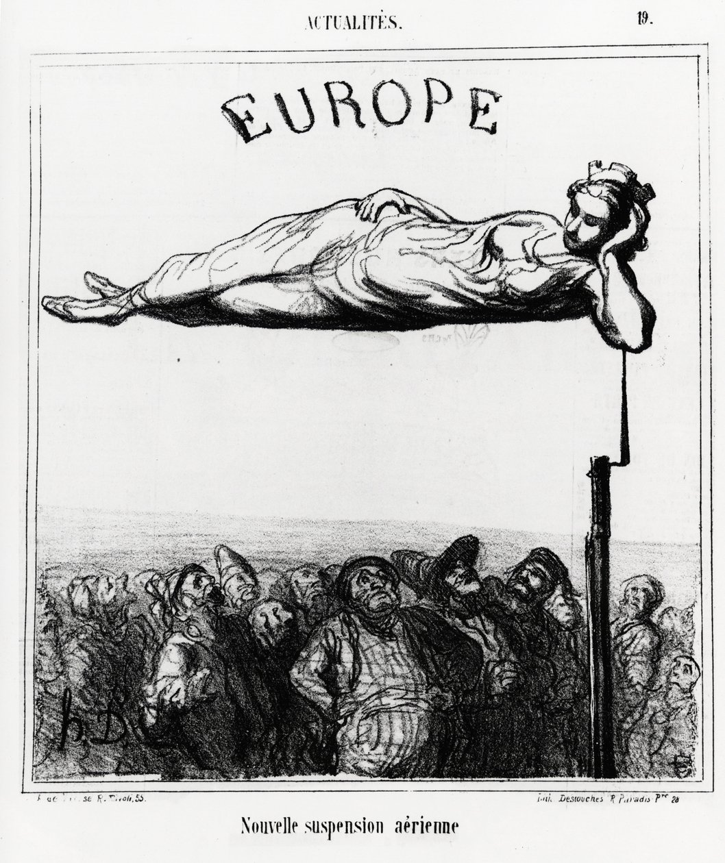 Europa: ny luftfjädring. Illustration av Honore Daumier (1808-1879), publicerad i nyheterna, "" Charivari", daterad 7 februari 1867. av Honoré Daumier