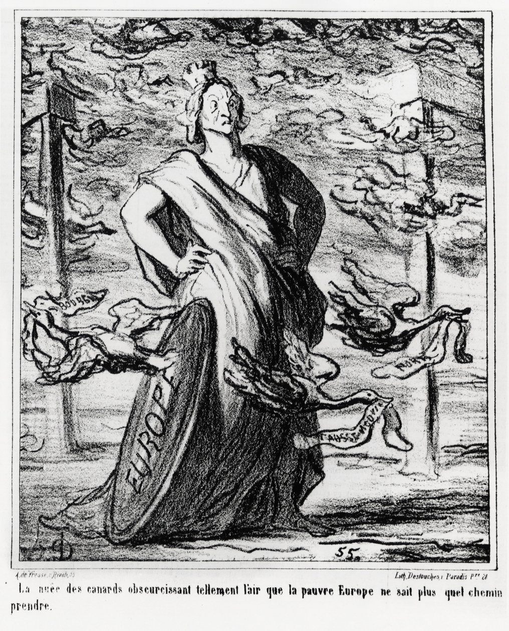 Europa: molnet av ankor som skymmer luften så mycket att det stackars Europa inte längre vet vilken väg det ska ta. Illustration av Honore Daumier (1808-1879), publicerad i tidningen Charivari den 22 oktober. av Honoré Daumier