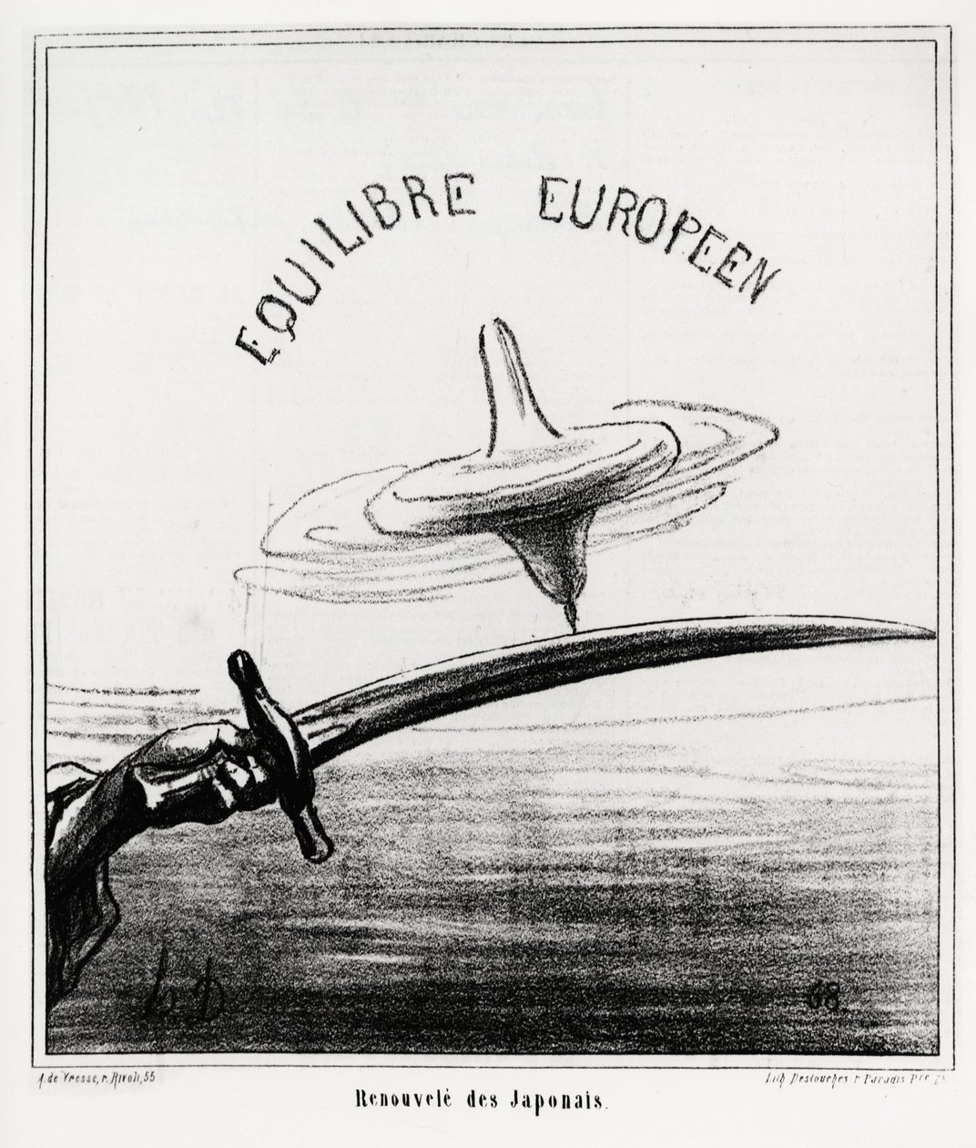 Europeisk balans: japansk väckelse. Strax efter återupprättandet av den kejserliga regimen i Japan, efter att Tokugawa-shoguna avgick i november 1867. Illustration d