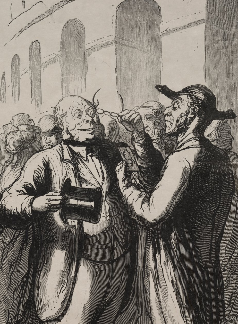 Universell utställning: Inspektionen av fotografier vid vändkorsen. De kala måste ta av sig hatten och de närsynta glasögonen. av Honoré Daumier