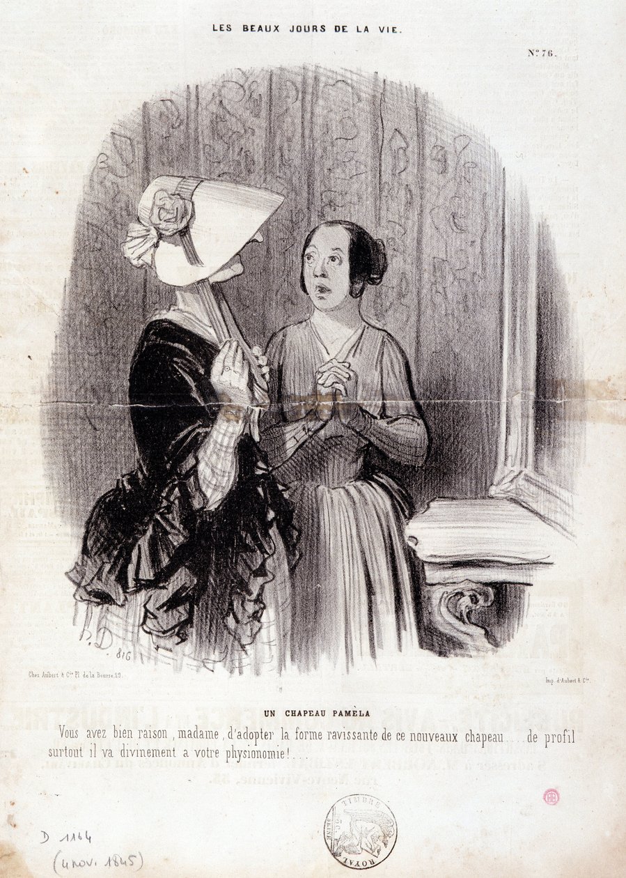 Mode tecknad film. Serie "" The Beautiful Days of Life"": "" En Pamela-hatt..."" den 4 november av Honoré Daumier
