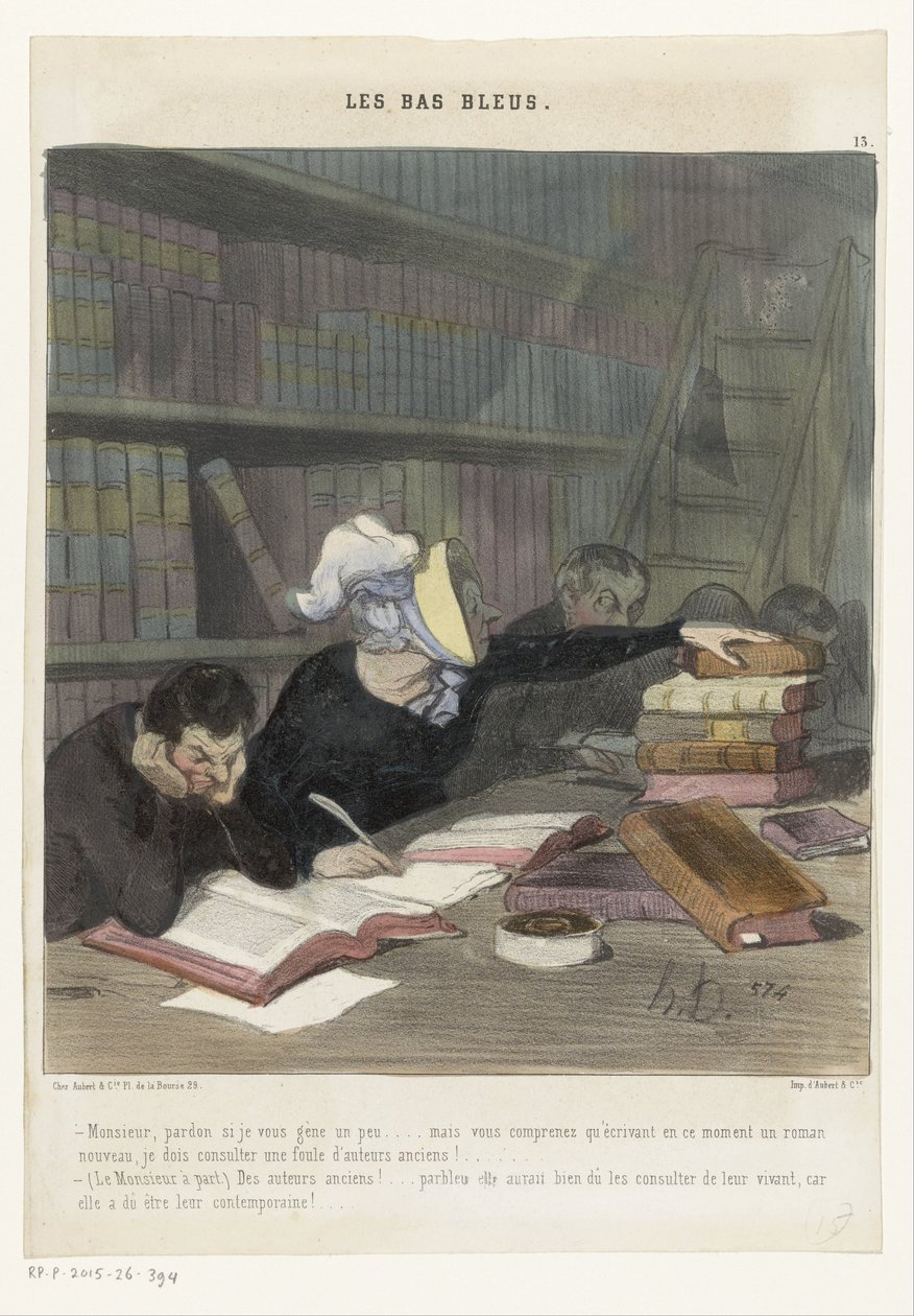 Figurer bakom ett läsbord i ett folkbibliotek Les Bas Bleus (serietitel på objekt) av Honoré Daumier