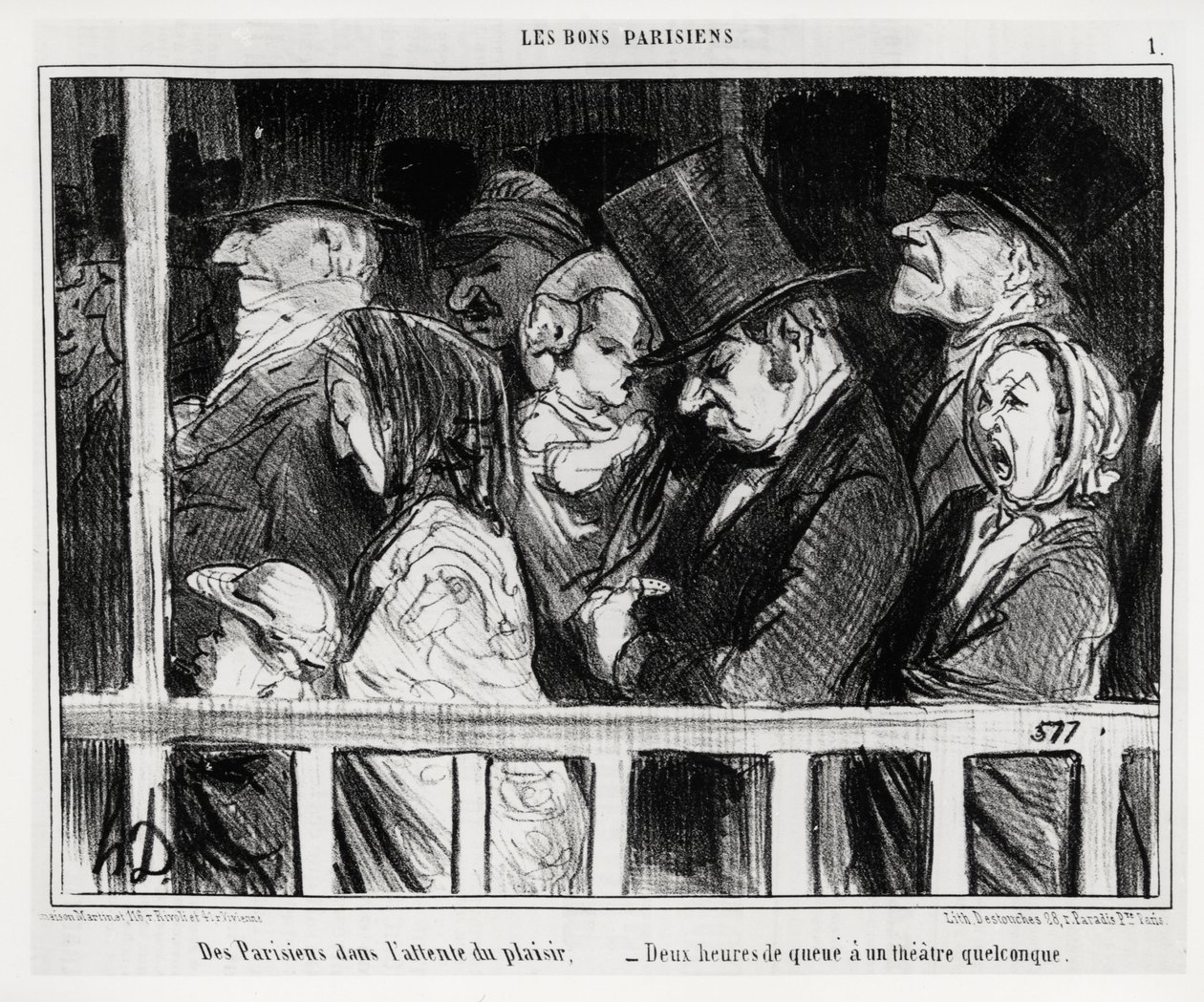 Bra parisare: parisare som väntar på skoj, två timmars svans har någon form av teater. Illustration av Honore Daumier (1808-1879), publicerad i "" Charivari", daterad 5 mars av Honoré Daumier