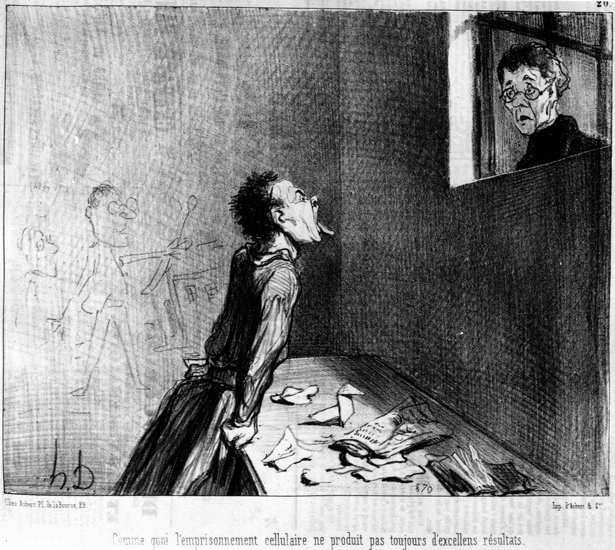 Hur isoleringscell inte alltid ger utmärkta resultat, en serie tecknade serier om professorn och Moutards of Honore Daumier (1808-1879). “Charivari” av Honoré Daumier
