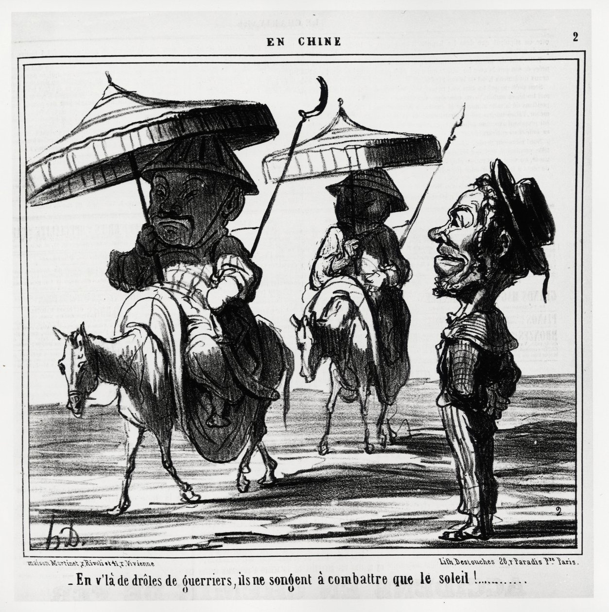 Dessa roliga krigare tänker bara på att slåss mot solen. I serien En Chine, illustration av Honore Daumier (1808-1879), publicerad i Charivari den 8 januari. av Honoré Daumier