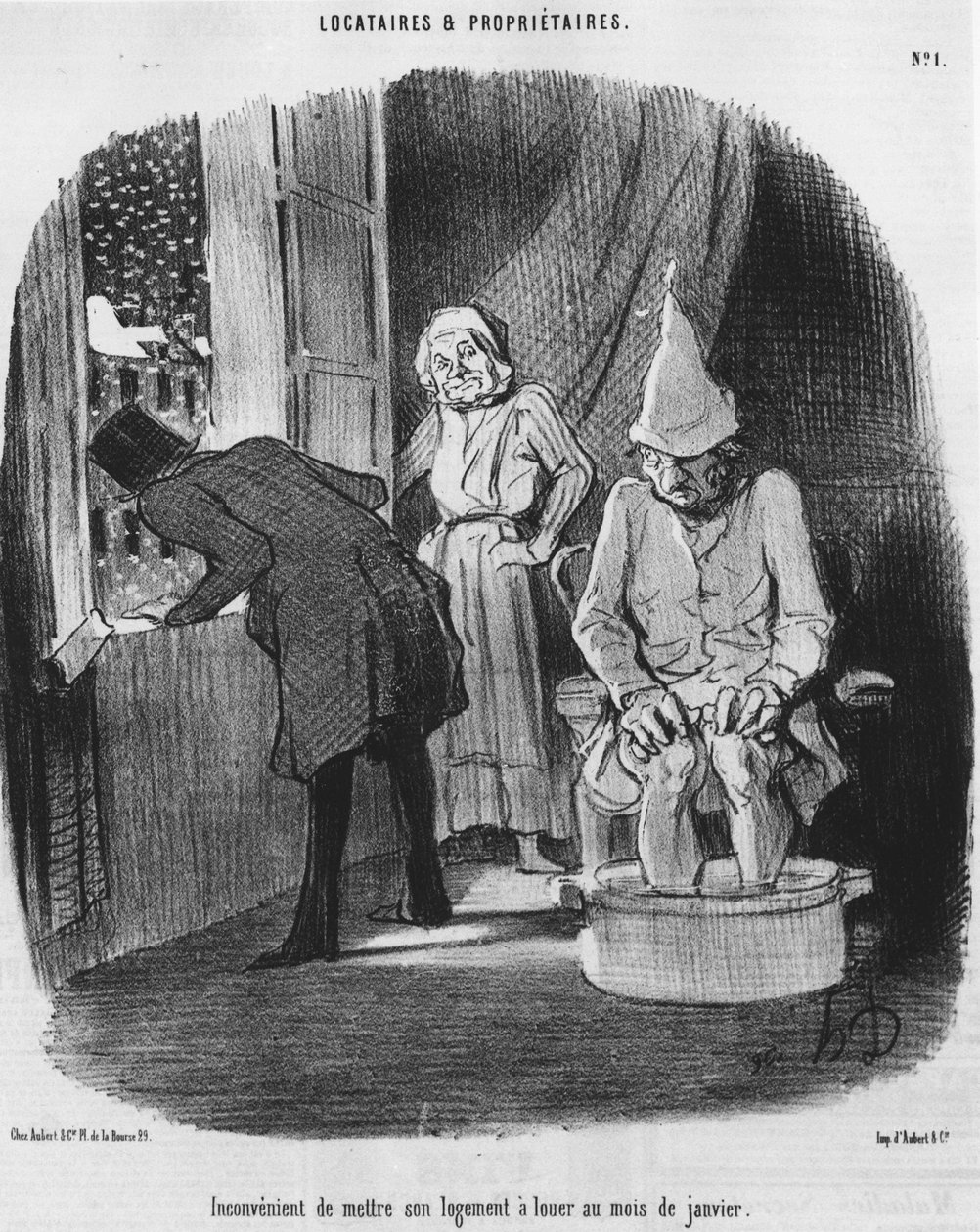 Obekvämt att hyra sin bostad i januari, hämtad från "" Tenants et Owners", tecknad serie av Honore Daumier (1808-1879). “Charivari” av Honoré Daumier