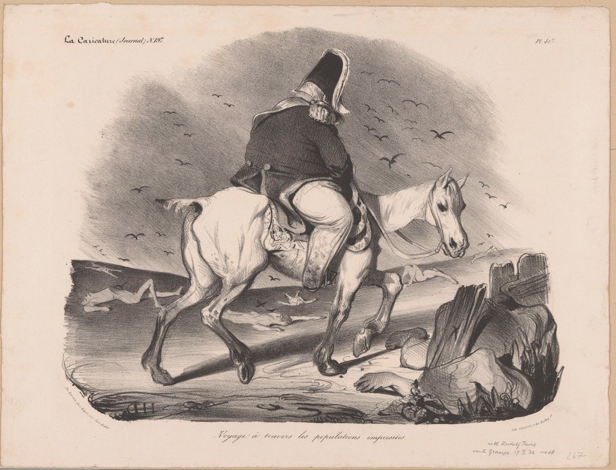 Karikatyr av Ludvig Filip I, Frankrikes kung till häst bland liken Voyage à travers les populations empressées (titel på objekt) av Honoré Daumier