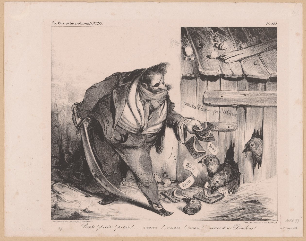 Karikatyr av kung Ludvig Filip I av Frankrike som en bandit Petits! petits! petits! (...) Venez donc dindons! (titel på objekt) av Honoré Daumier