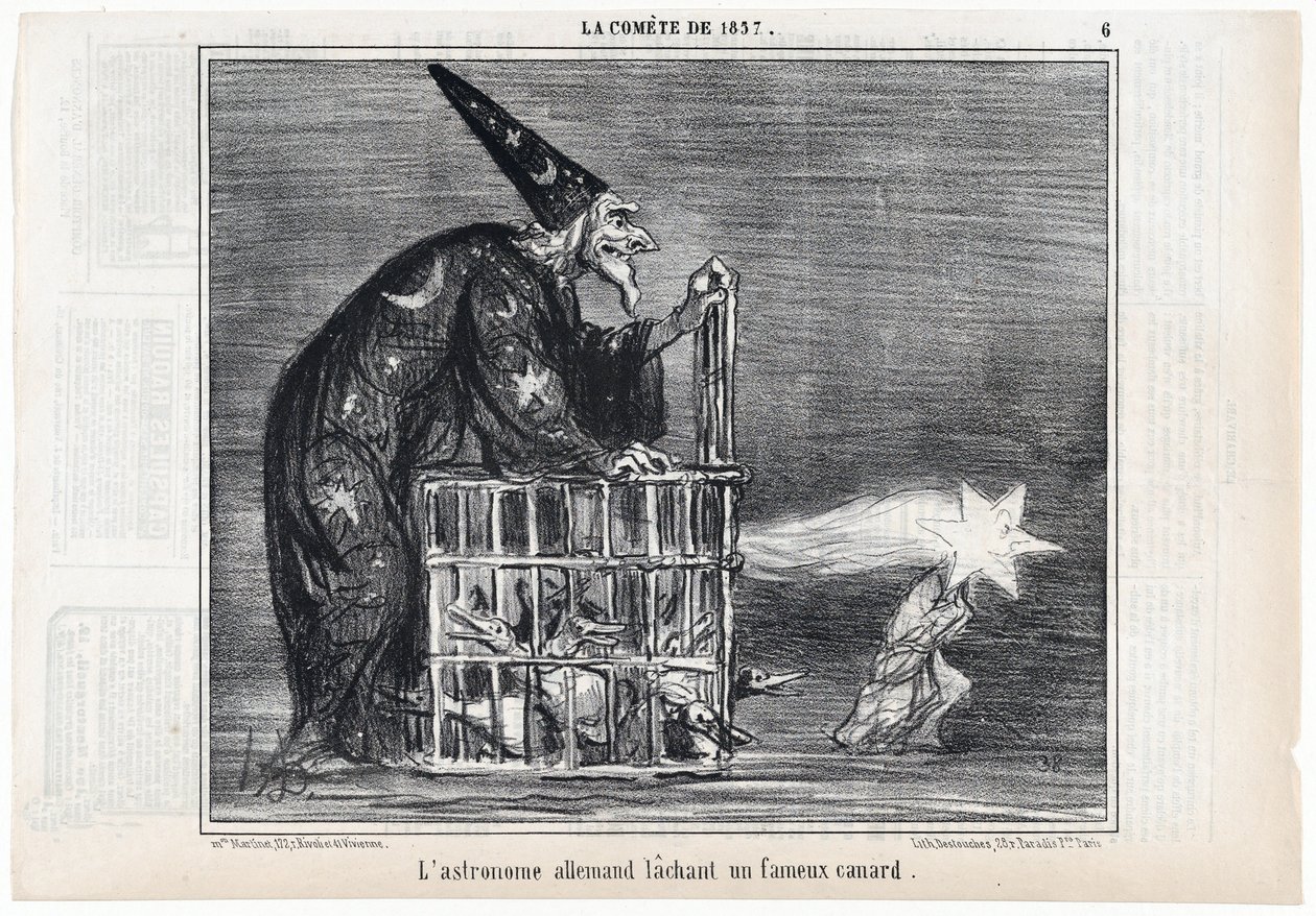 Kometen 1857, "Den tyske astronomen släpper en berömd anka", från Le Charivari, pub. 1858 (gravyr) av Honoré Daumier