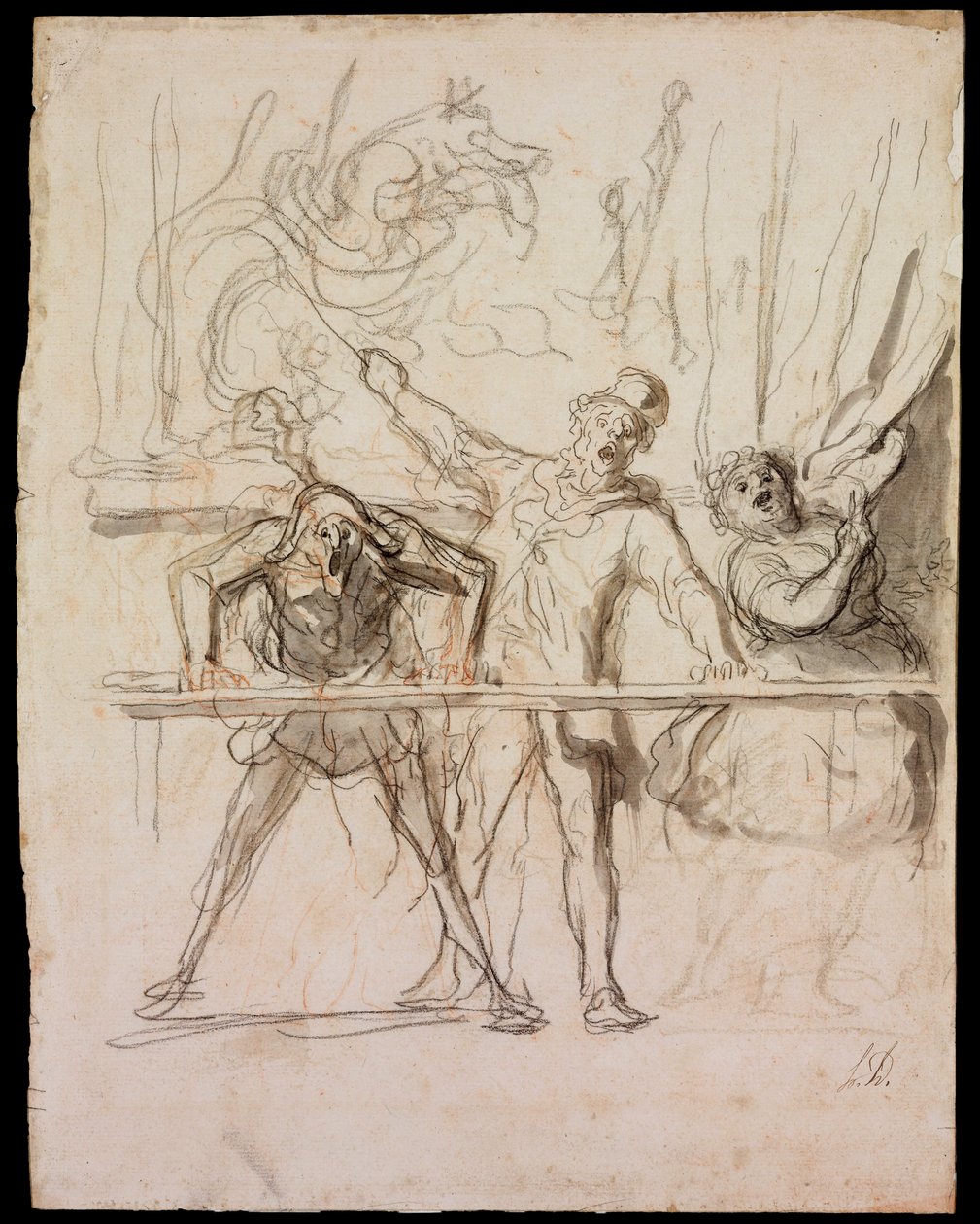 La Parade - The Side-Show - Daumier, Honore (1808-1879) - 1865 - Svart krita, akvarell på papper - 39,8x30,4 - Szepmuveszeti Muzeum, Budapest av Honoré Daumier