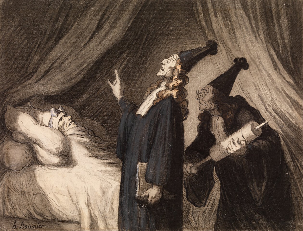The Imaginary Invalid, ca 1850 (svart krita & wc på papper) av Honoré Daumier