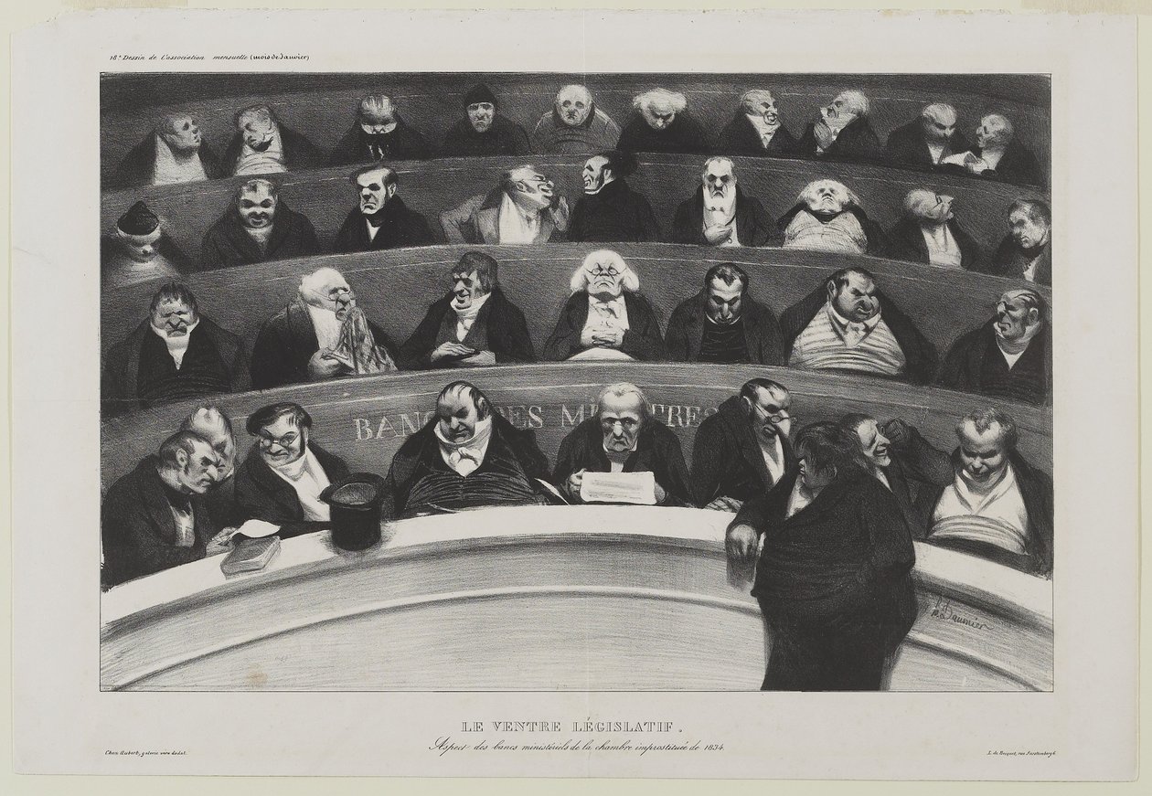 Le Ventre Législatif: Aspect des bancs ministériels de la chambre improstituée de 1834, eller Den lagstiftande magen: Vinkel på ministerbänkarna i Prostitutionskammaren från 1834 av Honoré Daumier