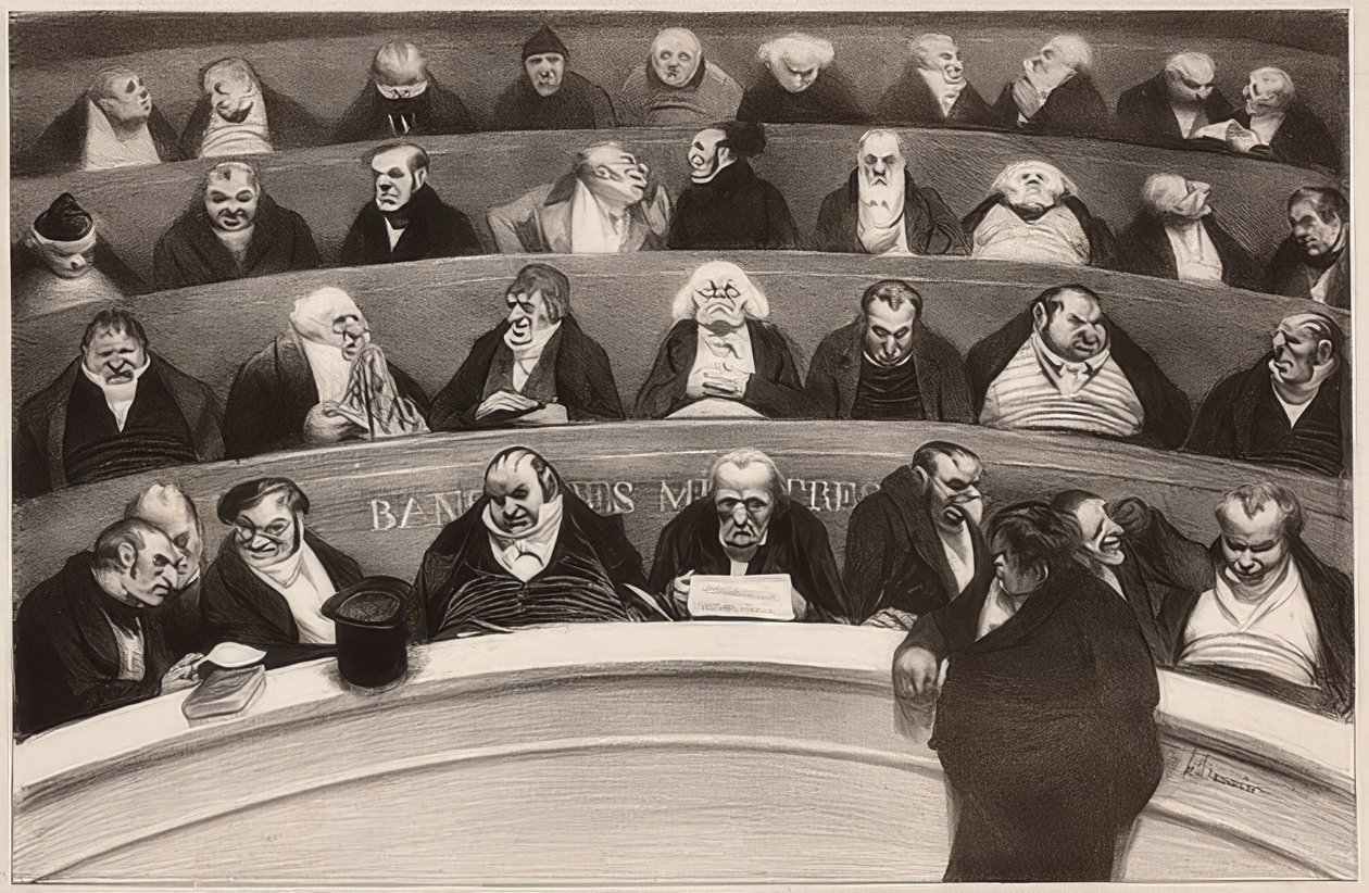 Le Ventre législatif. Aspects des bancs ministériels de la chambre improstituée de 1834 / Den lagstiftande magen. Vy över skåpsbänkarna i den icke-prostituerade kammaren från 1834. 1834 av Honoré Daumier