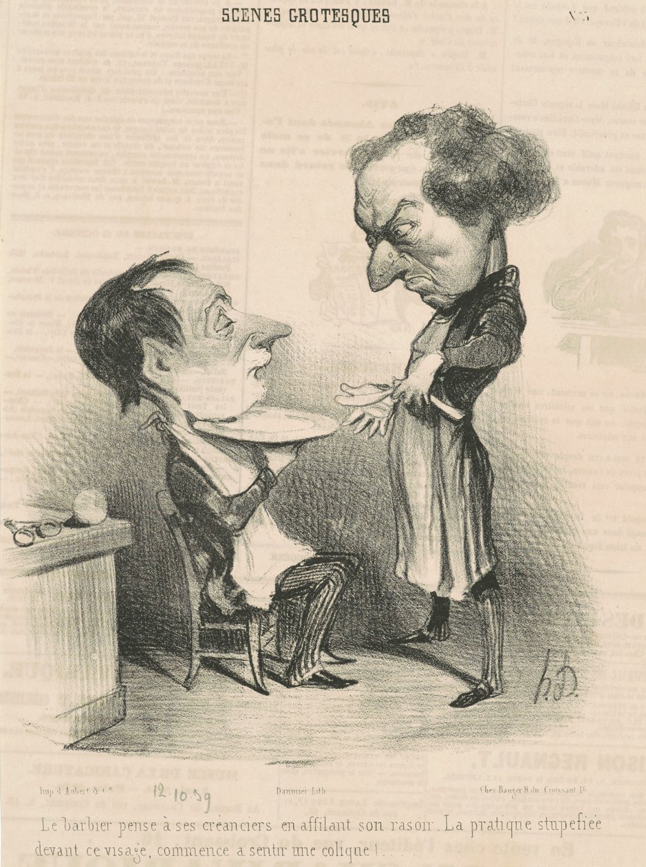 Frisören tänker på sina fordringsägare... av Honoré Daumier