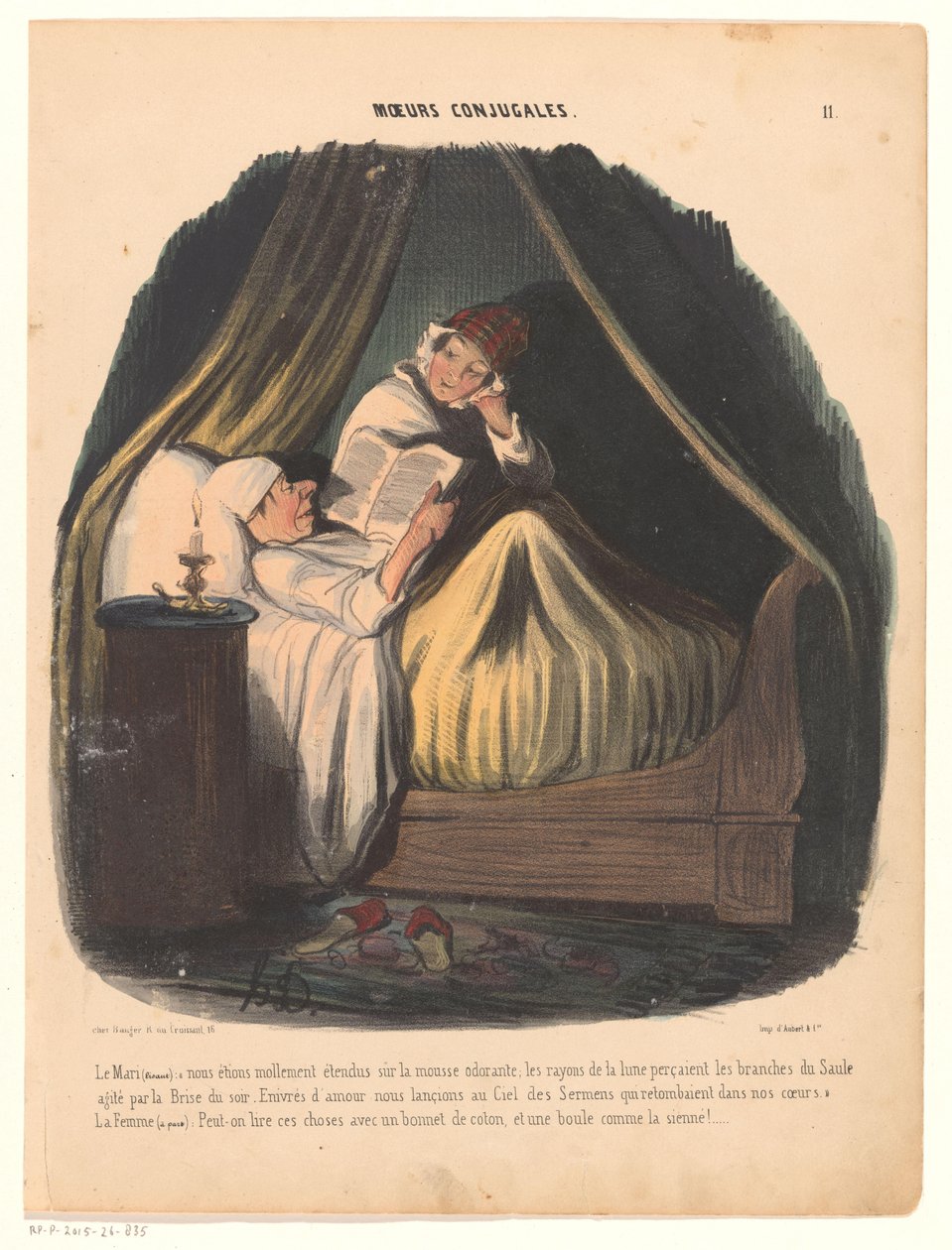Man läser i sängen med sin fru bredvid sig Äktenskapsvanor (serietitel) Moeurs conjugales (serietitel på objekt) av Honoré Daumier