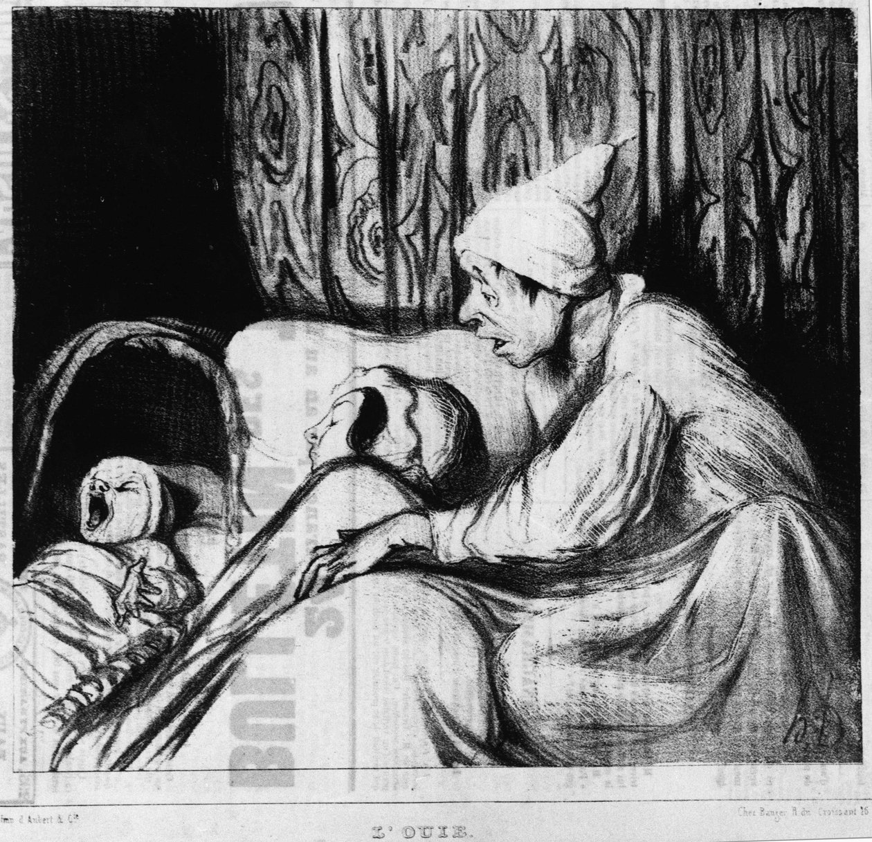 Hörsel: serie om de fem sinnena, av Honore Daumier (1808-1879). ""Charivari"" av Honoré Daumier