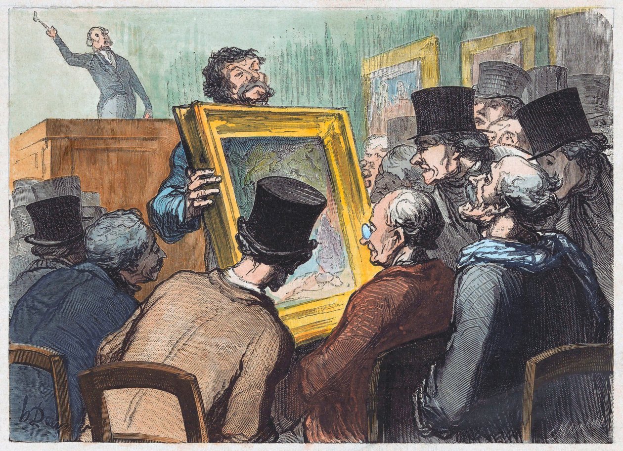 Älskare att måla på en auktion på Hotel Bouillon av Honoré Daumier