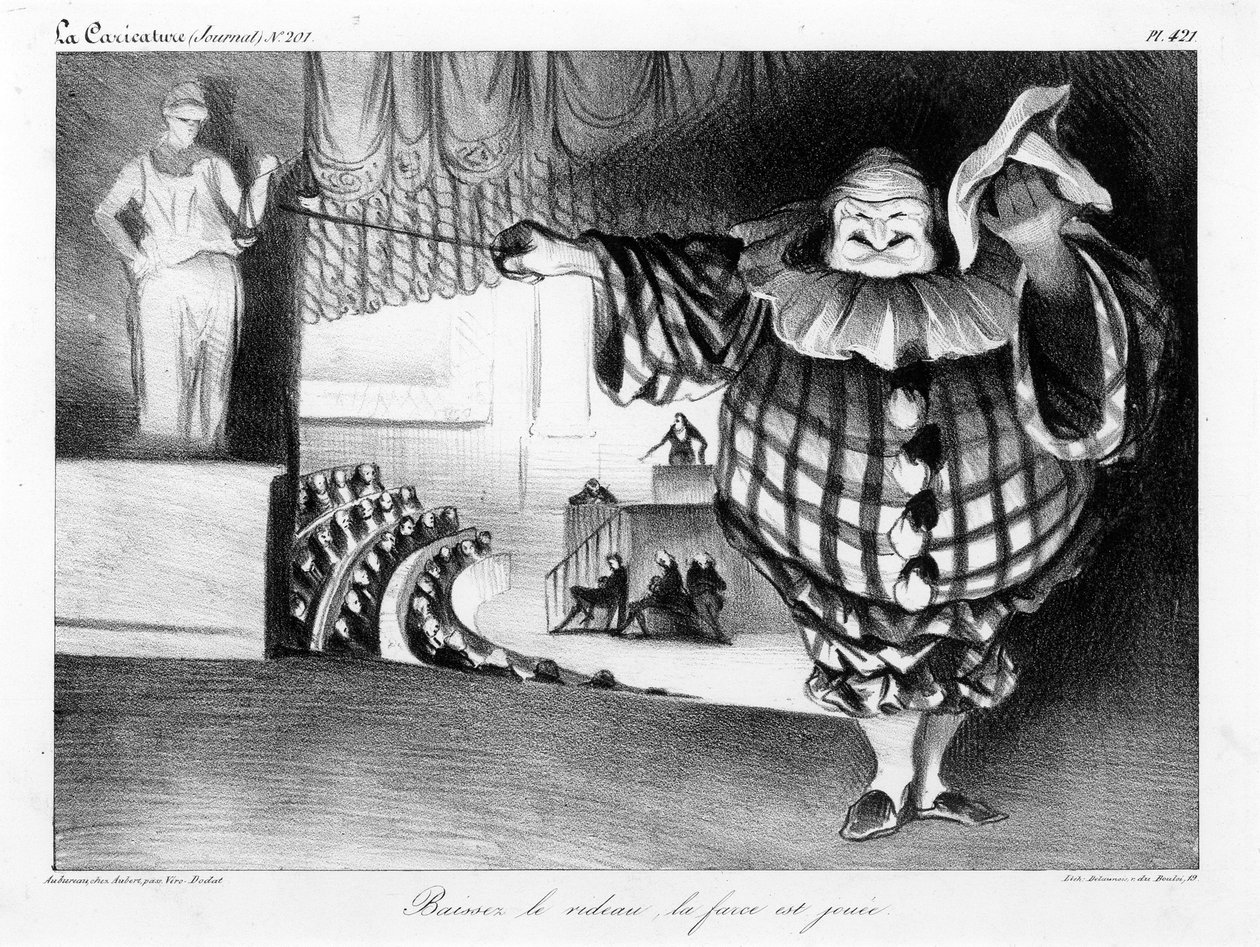 Sänk gardinen, farsen avslutas plåt 421 av Honoré Daumier