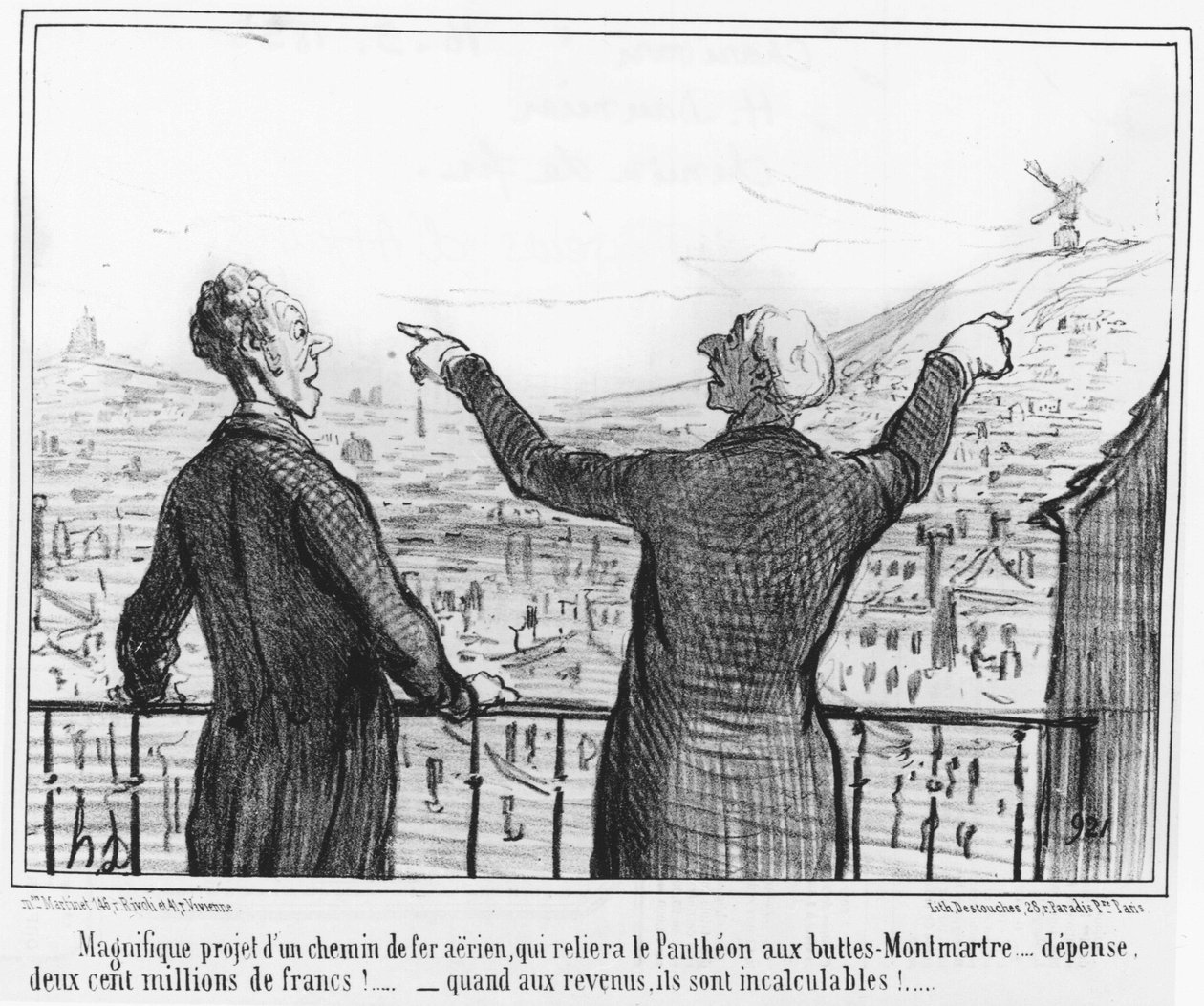 Magnifikt projekt för en luftjärnväg, som ska förbinda Pantheon med Buttes-Montmartre... utgift, tvåhundra miljoner franc!... - när det gäller inkomsterna är de oöverskådliga!... : från "Maileurs d
