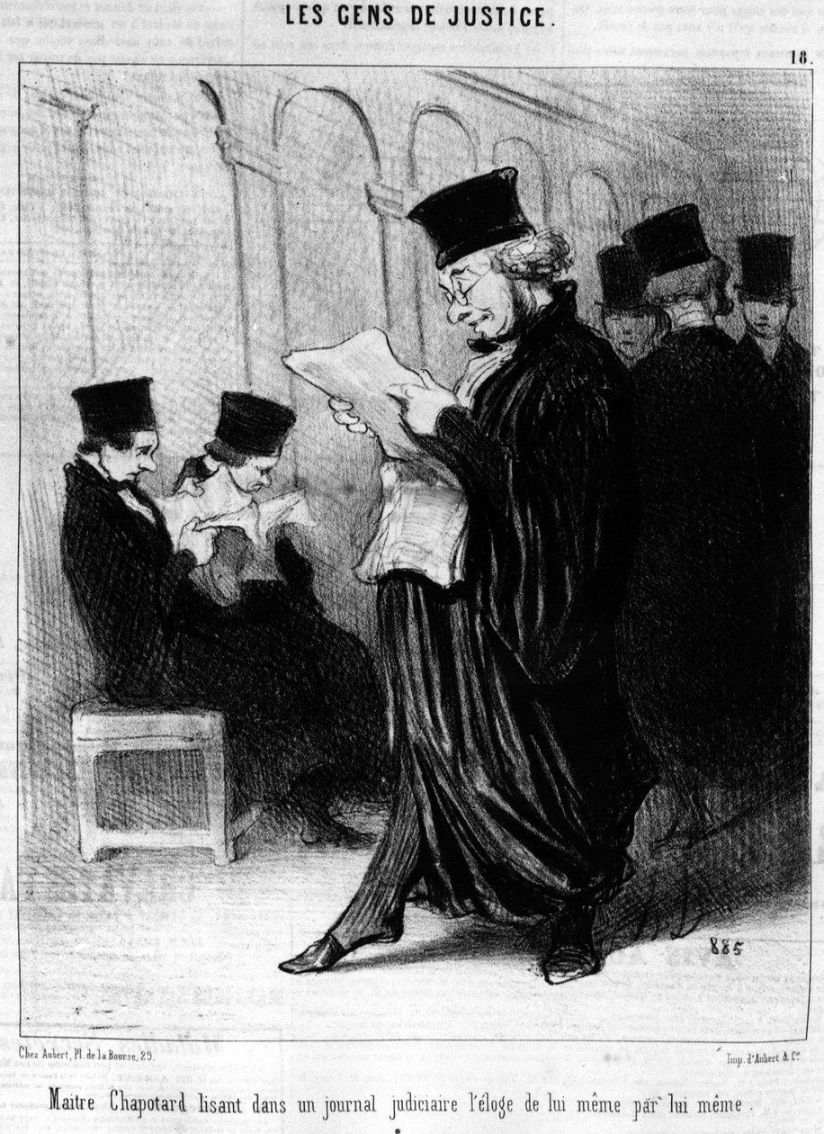 Maitre Chapotter läser i en rättstidning berömmet av sig själv, hämtat från "Gens de Justice", serie tecknade serier om rättvisa av Honore Daumier (1808-1879). “Charivari” av Honoré Daumier