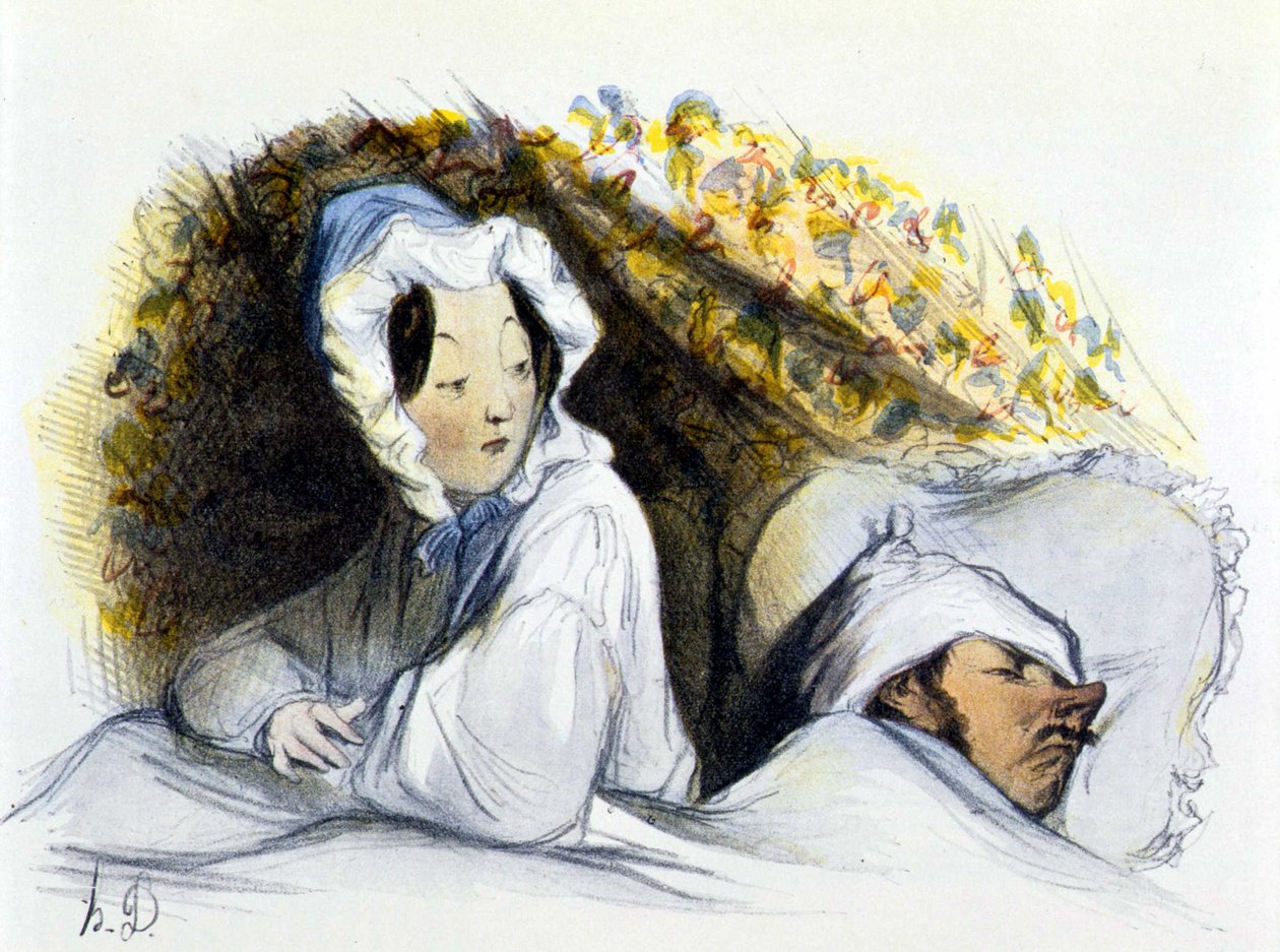 Man och kvinna i sängen: "" Stygg sovande! Gå ... “”, “” History of Erotic Art ”” av Edouard Fuchs, Berlin av Honoré Daumier