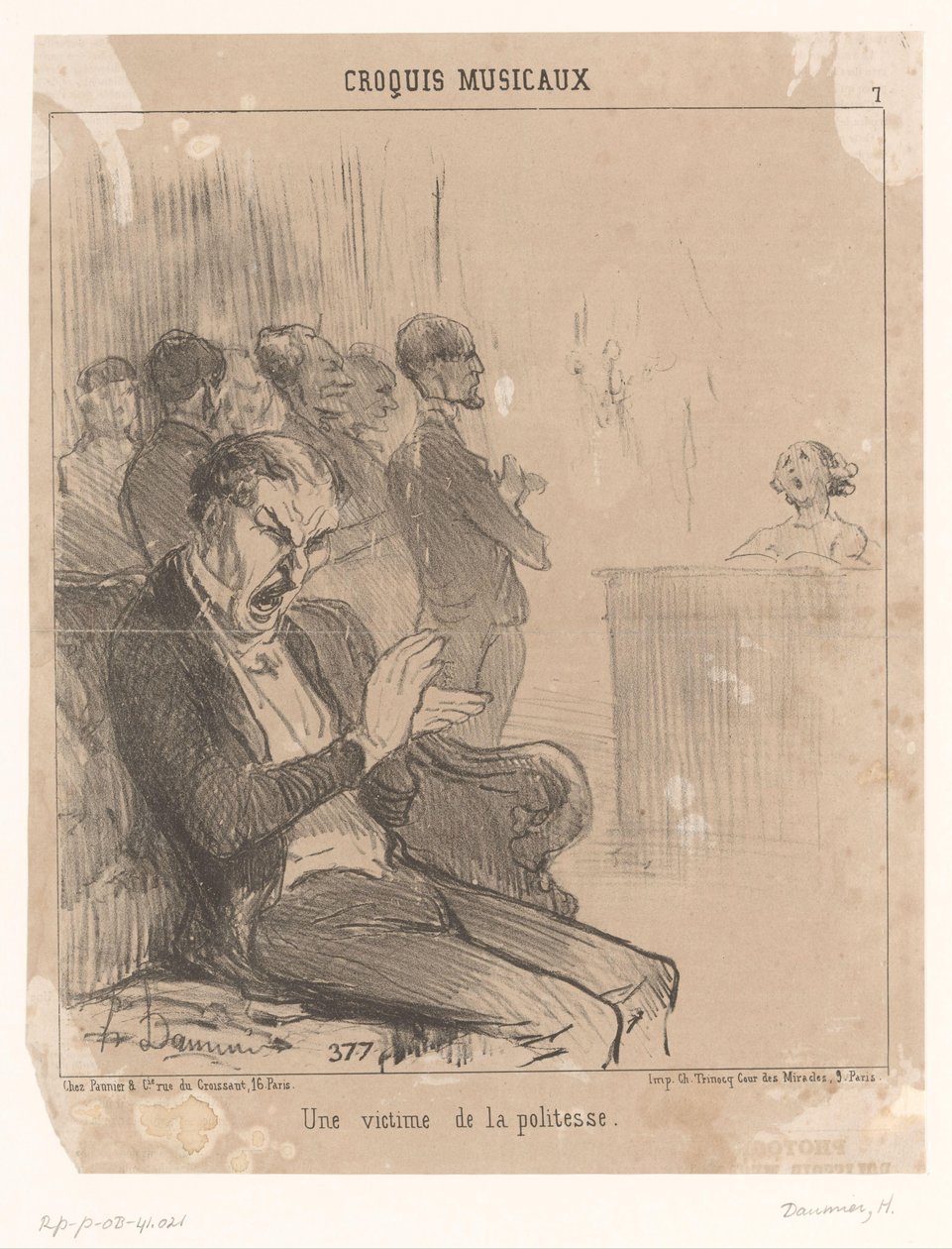 Man applåderar, medan han gäspar, för en sångare bakom ett piano Une victime de la politesse (titel på objekt) Musikframträdanden (serietitel) Croquis musicaux (serietitel på objekt) av Honoré Daumier