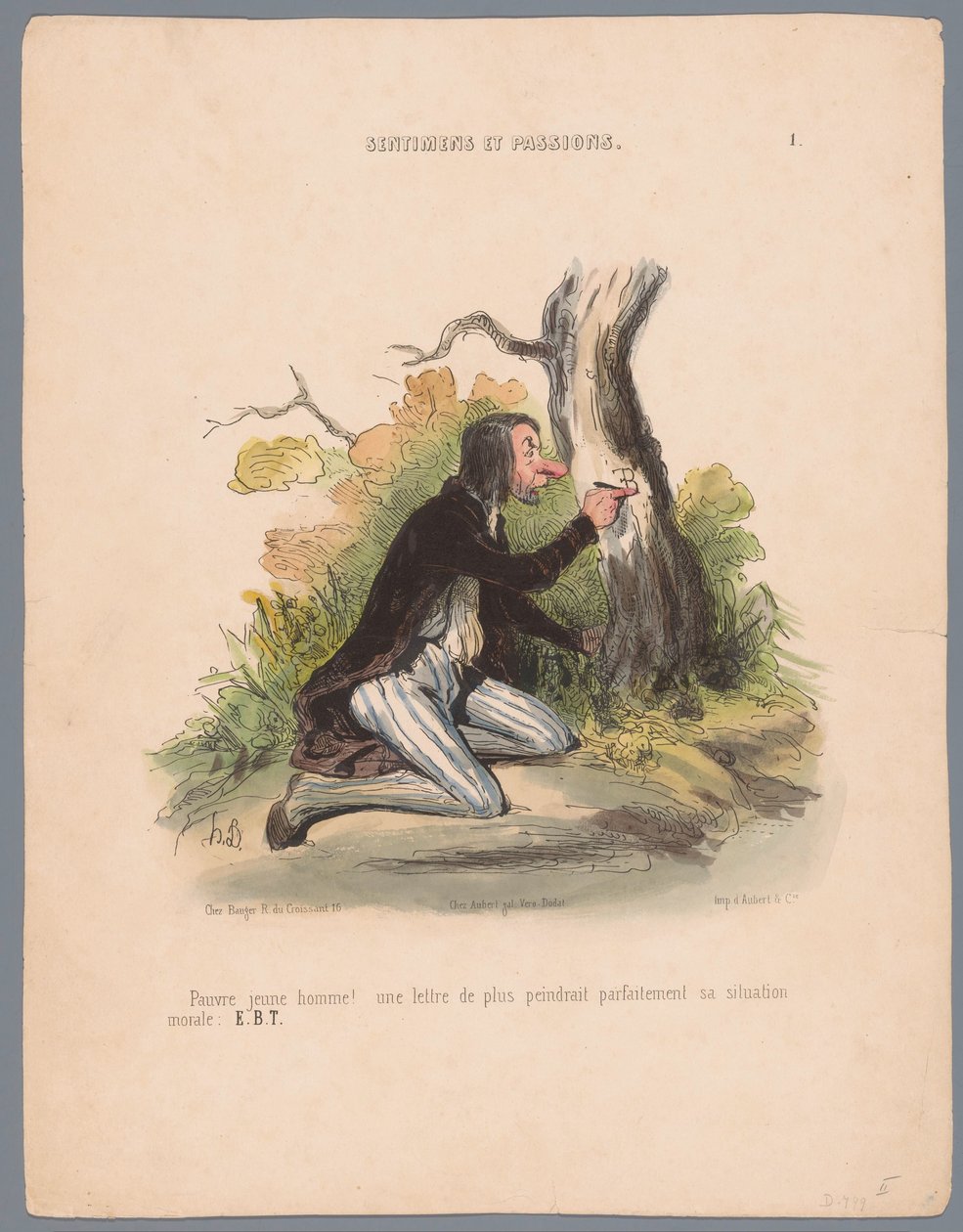 Man snidar initialer i en trädbark Pauvre jeune homme! (...) (titel på objekt) Passions and Feelings (serietitel) Sentiments et passions (serietitel på objekt) av Honoré Daumier
