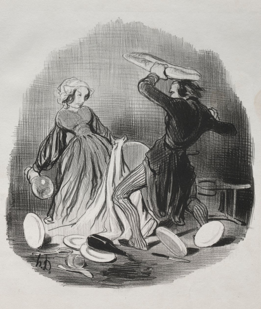 Äktenskapssed: Ah! du tror att din fru inte försörjer dig tillräckligt, villian..., 1841. av Honoré Daumier