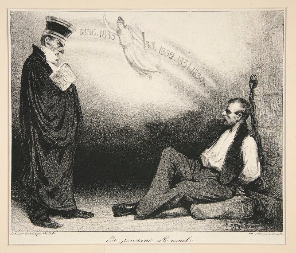 Moderna Galileen. Och ändå går hon. (A Modern Galileo. Och ändå rör hon sig), pl. 436 från tidskriften La Caricature nr. 209 av Honoré Daumier