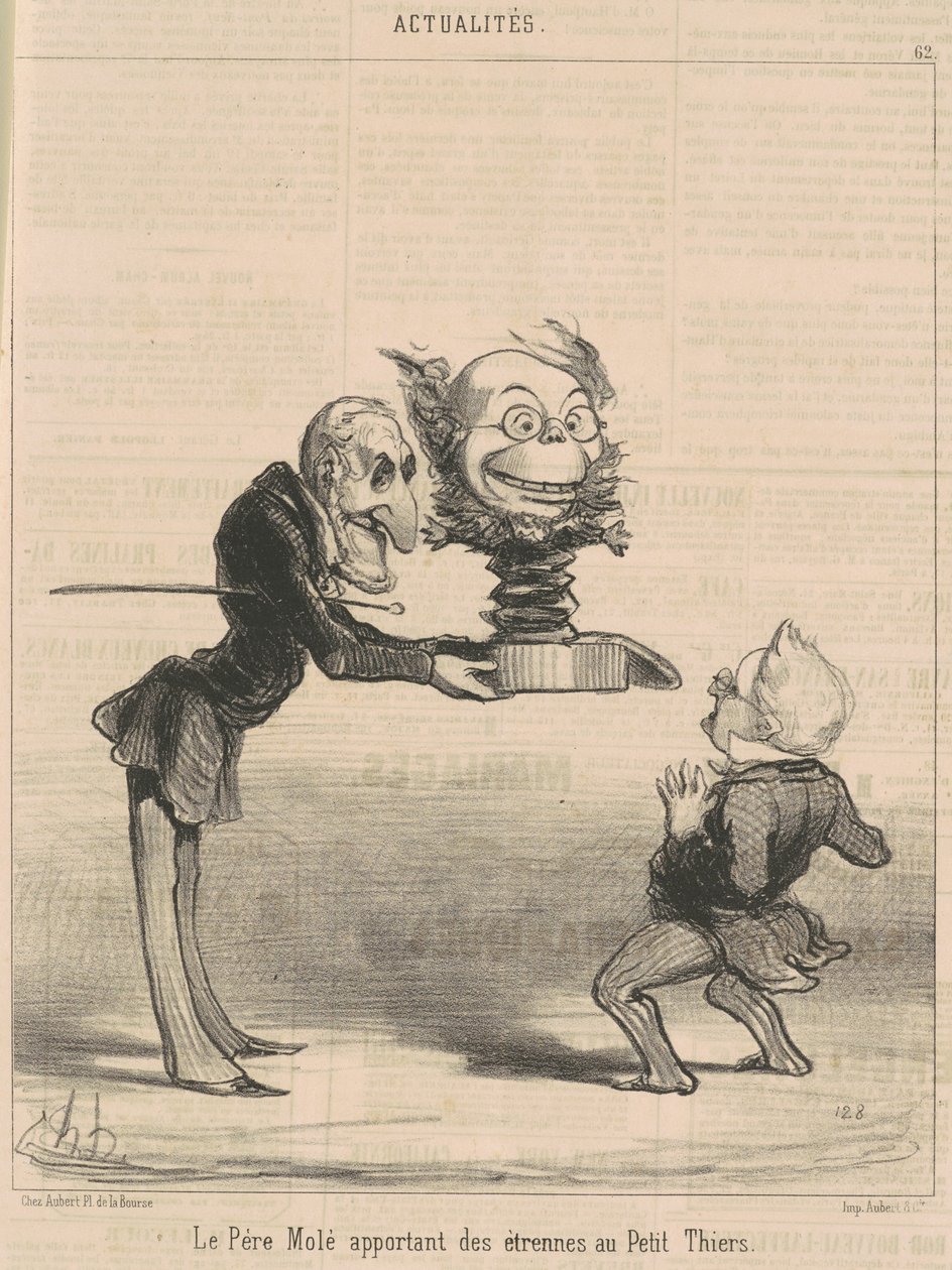 Molé ger presenter till Petit Thiers av Honoré Daumier