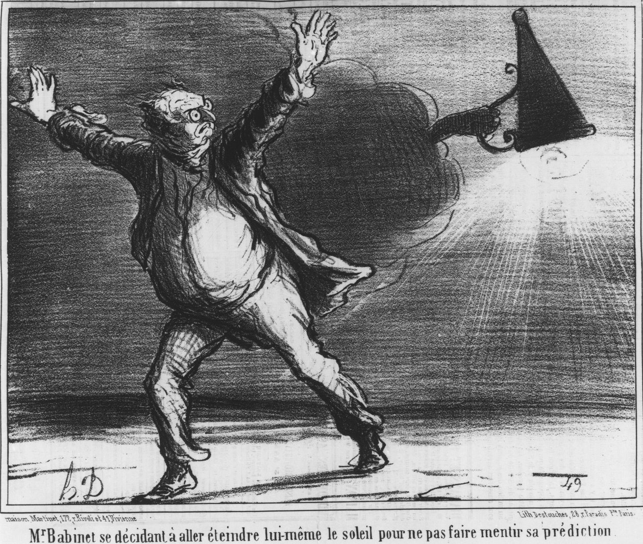 Monsieur Babient bestämde sig för att själv gå och stänga av solen för att inte få sin förutsägelse att ljuga, karikatyr om Honore Daumiers komet från 1857 (1808-1879). av Honoré Daumier